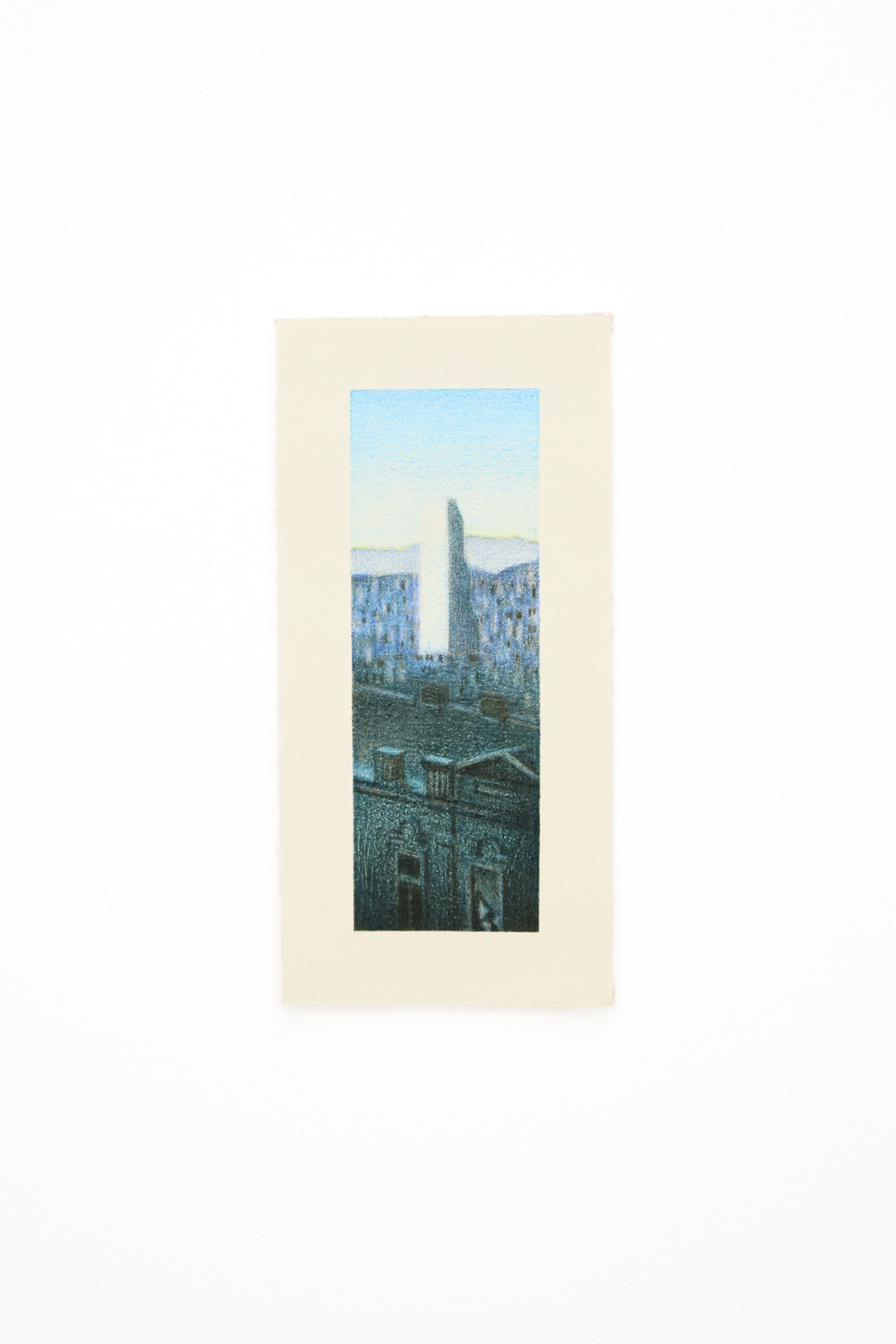 Biltmore Hotel. Cityscape in muted blues and greens, a slender pale tower framed by buildings, with distant hills and a hazy sky.