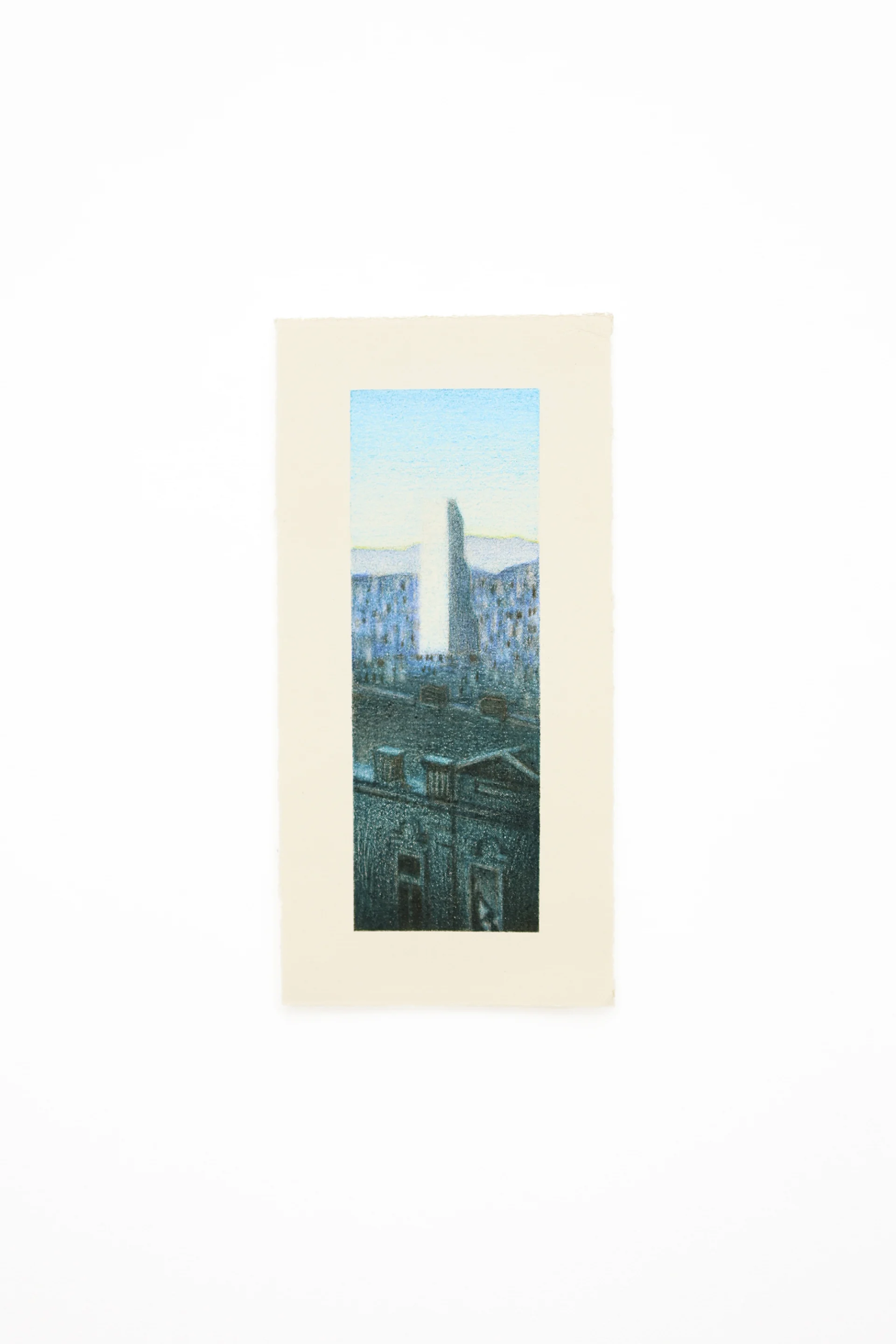 Biltmore Hotel. Cityscape in muted blues and greens, a slender pale tower framed by buildings, with distant hills and a hazy sky.