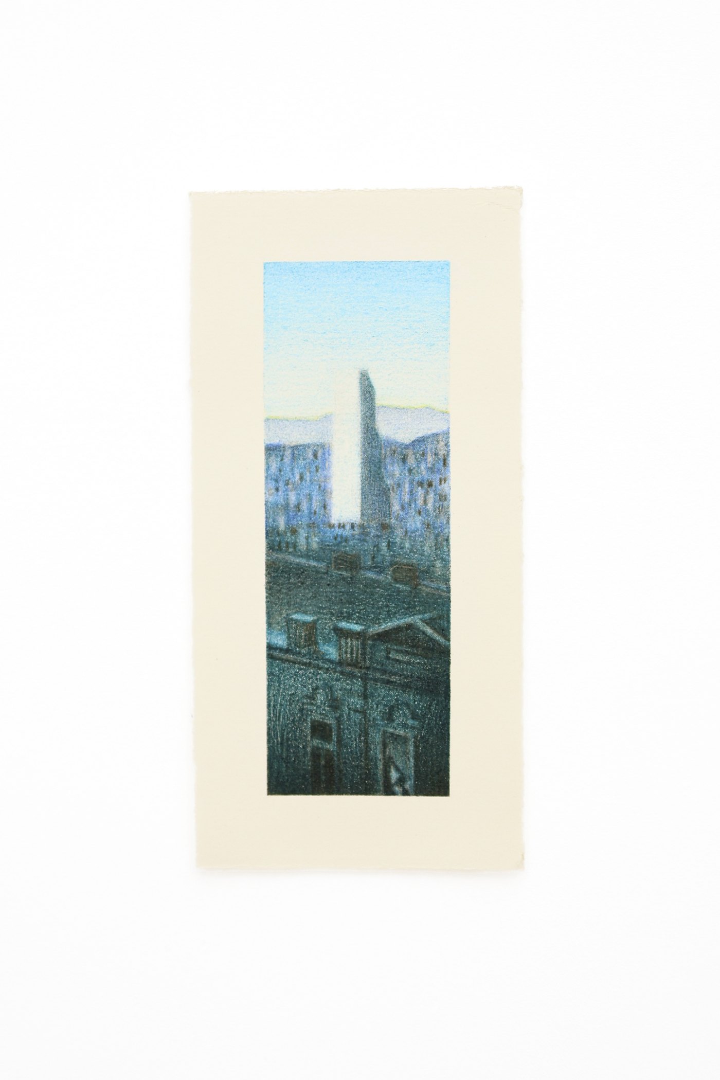 Biltmore Hotel. Tall vertical cityscape on cream paper, a pale tower rising among rooftops with hills and a soft sky beyond.