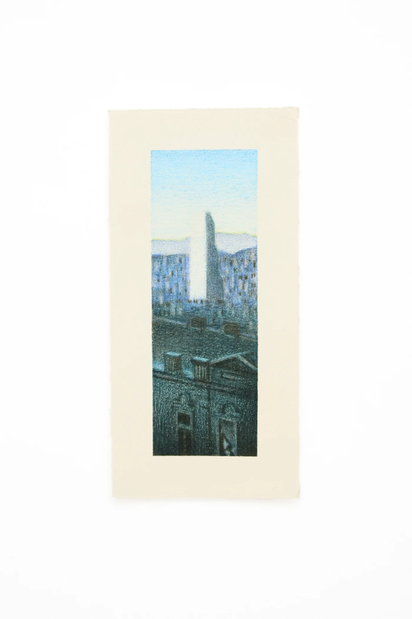 Biltmore Hotel. Tall vertical cityscape on cream paper, a pale tower rising among rooftops with hills and a soft sky beyond.