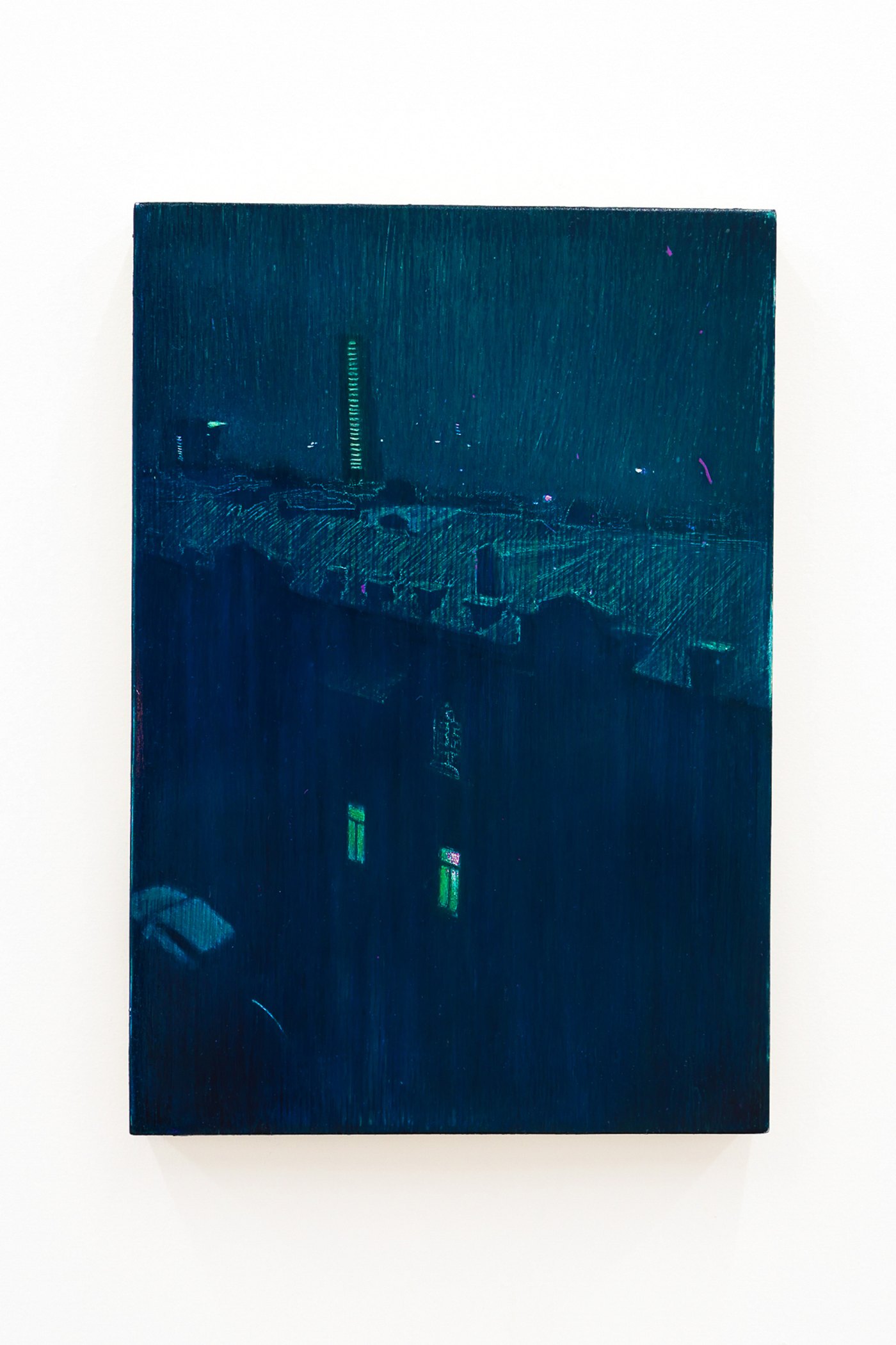 Mtatsminda Turn 2. Small vertical night painting, a teal-blue cityscape with a lit tower and rooftops.