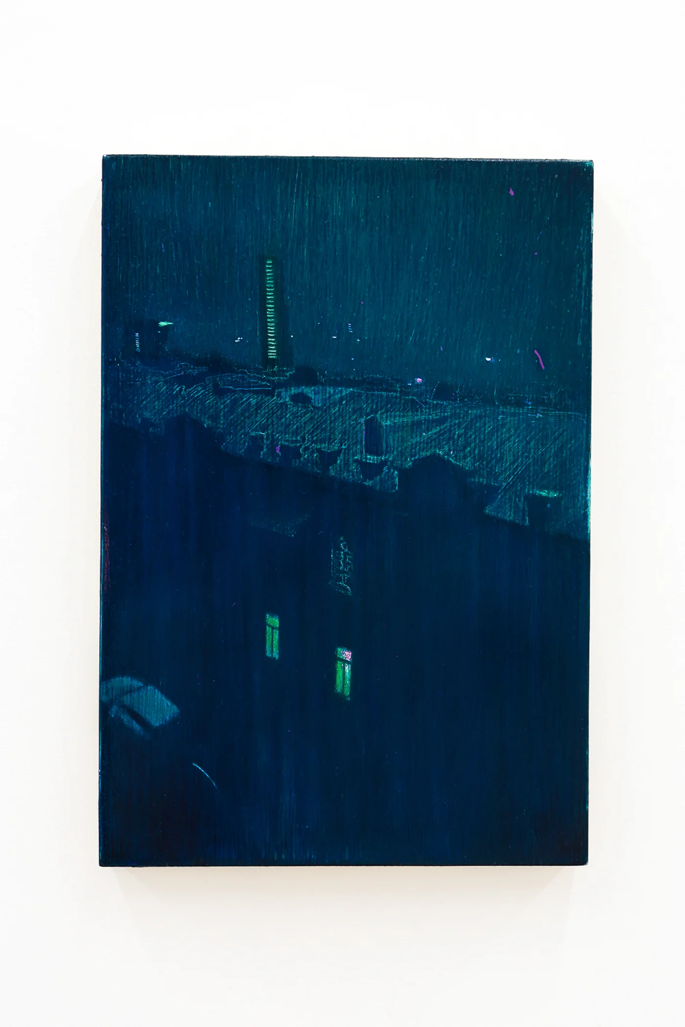 Mtatsminda Turn 2. Small vertical night painting, a teal-blue cityscape with a lit tower and rooftops.