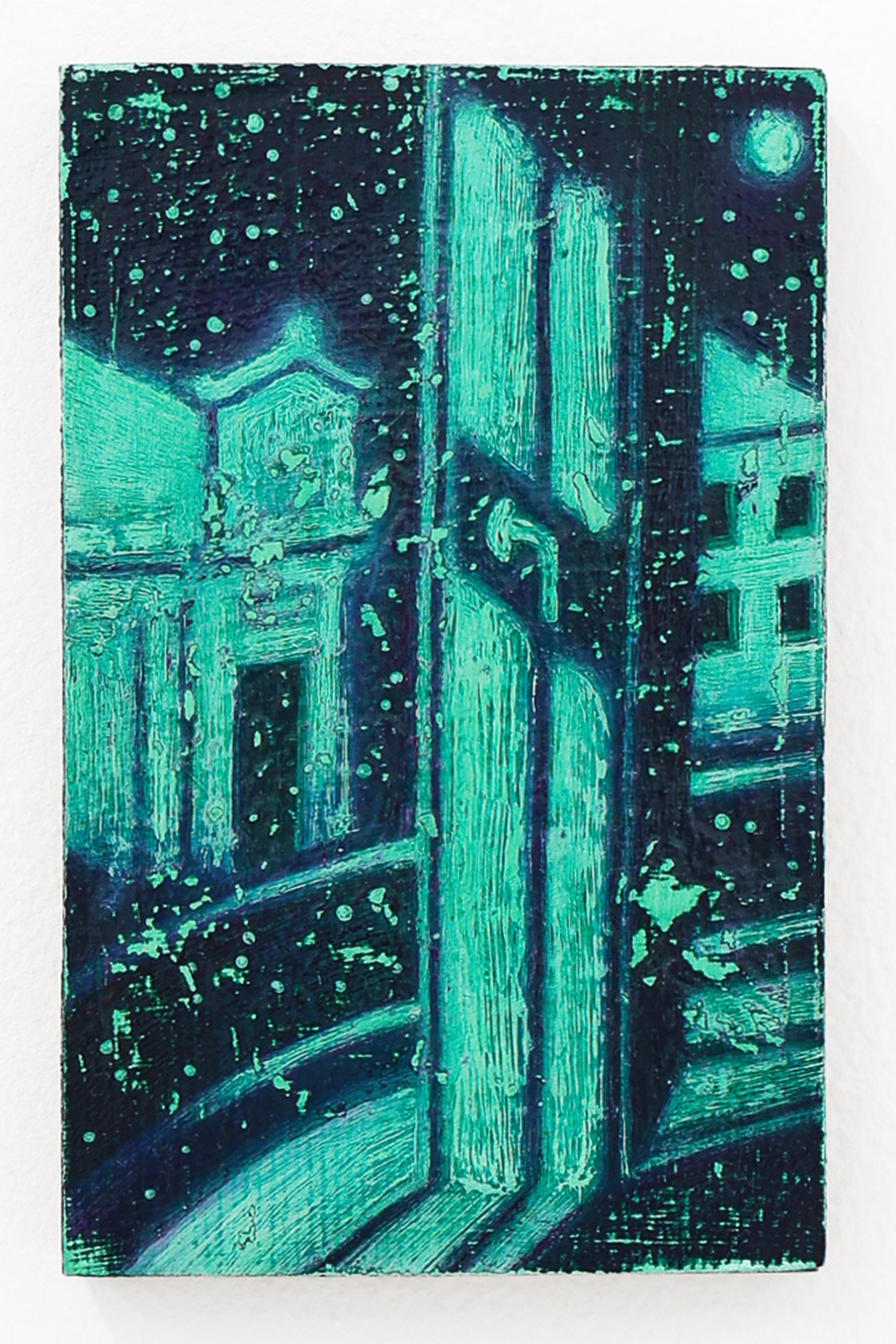 Mtatsminda Turn 1. Closer view of the painting, its green and teal surface and glowing night details.