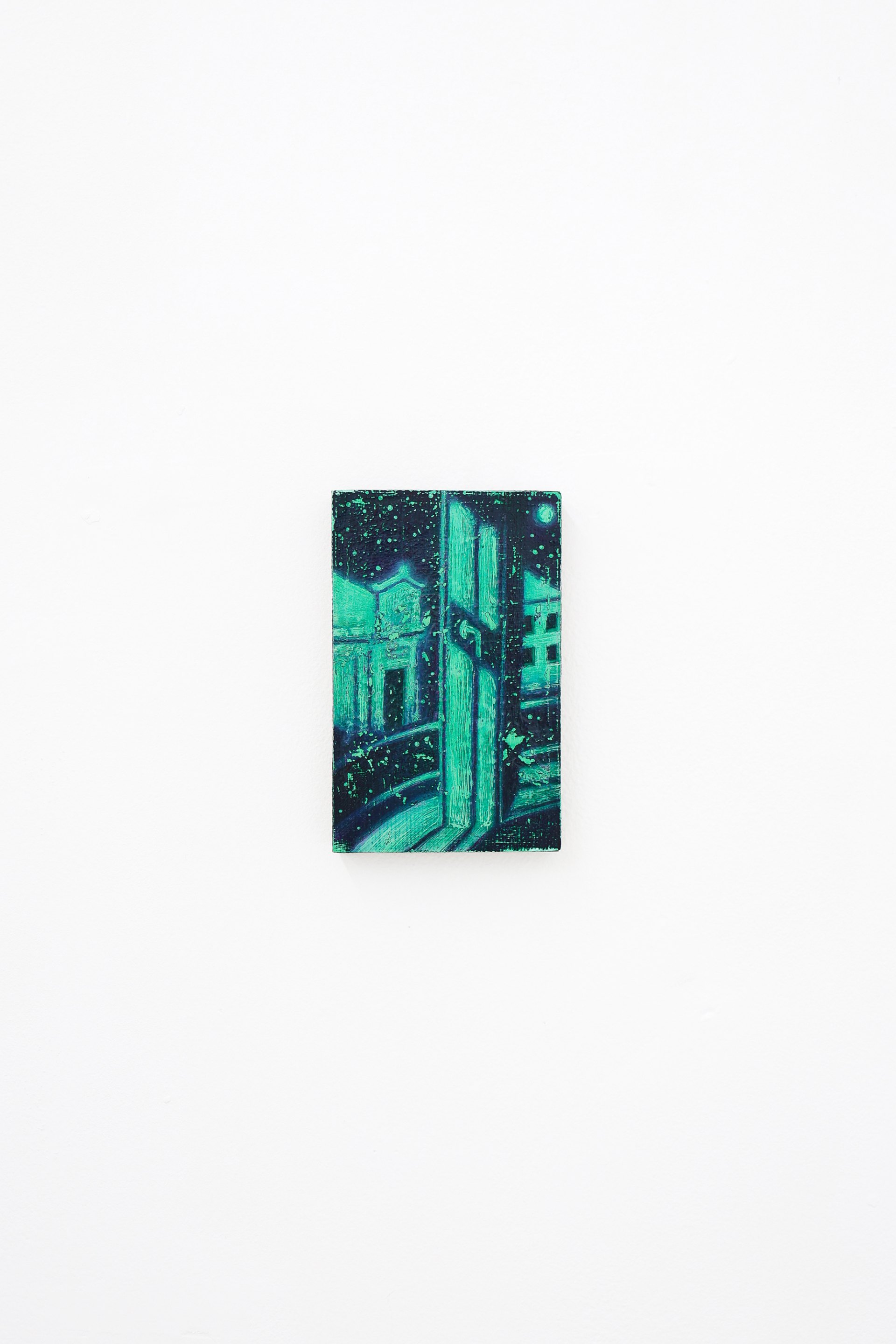 Mtatsminda Turn 1. Nocturnal street painted in dark teal and vivid green, buildings and a small moon in a star-flecked sky.