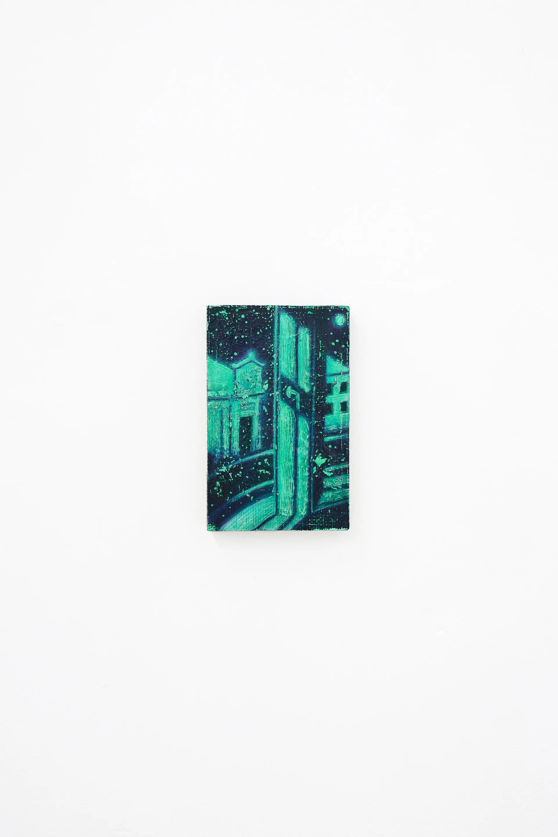 Mtatsminda Turn 1. Nocturnal street painted in dark teal and vivid green, buildings and a small moon in a star-flecked sky.