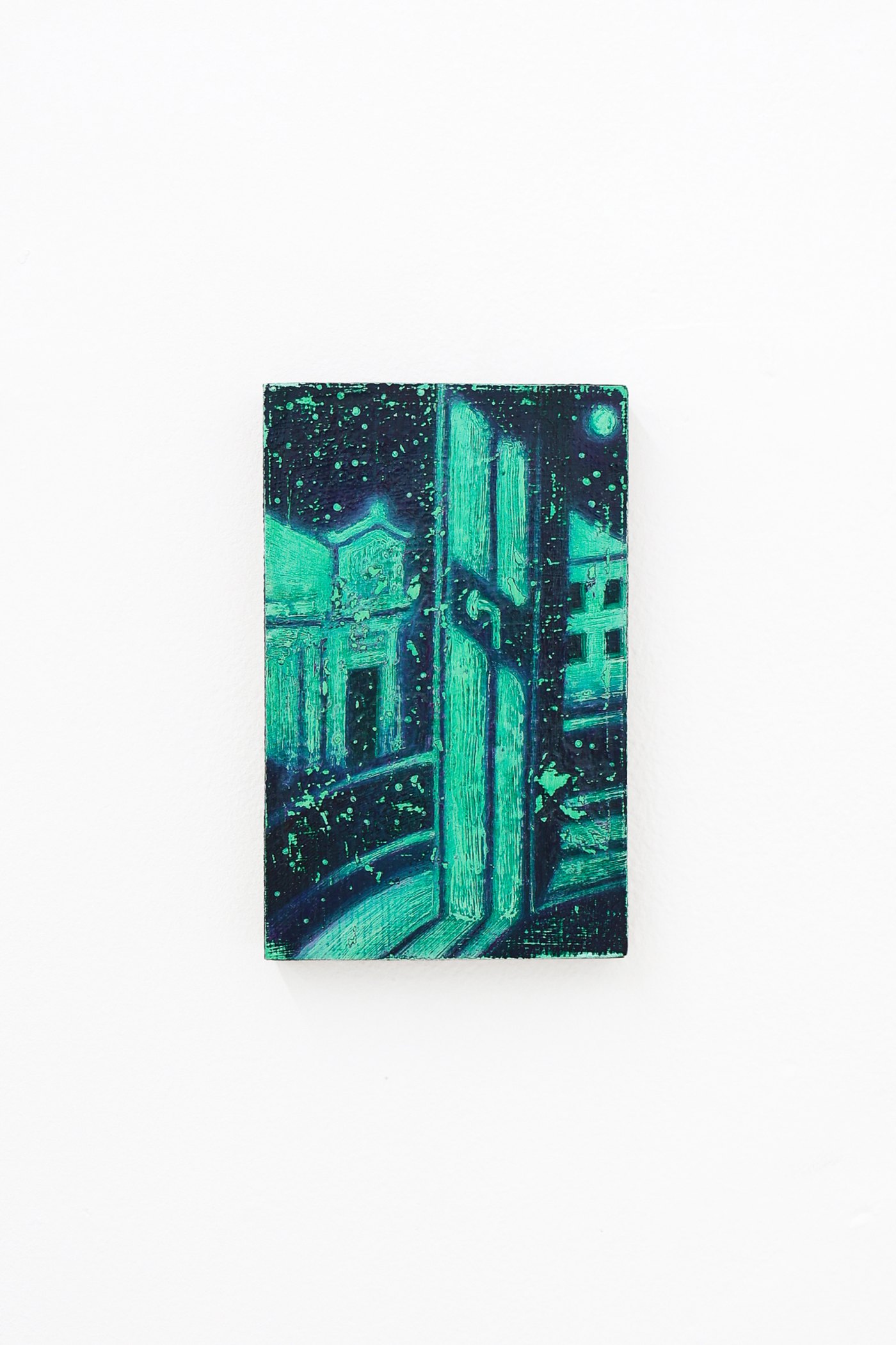 Mtatsminda Turn 1. Small vertical night scene in deep teal and emerald green, a moonlit street with buildings.