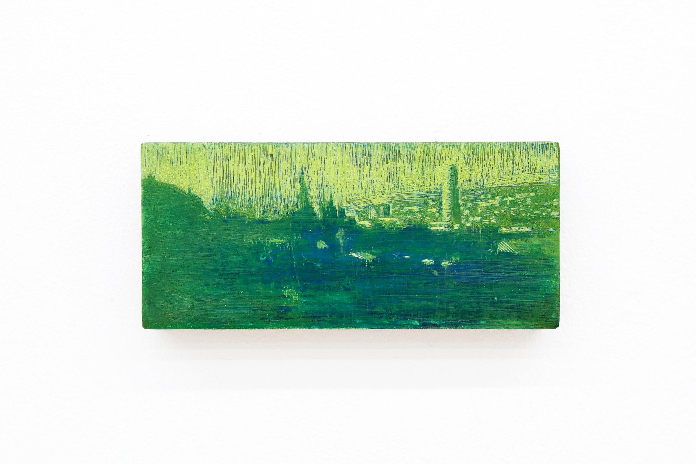 Mtatsminda Turn 11. Closer view of the painting, its layered green and blue brushwork.