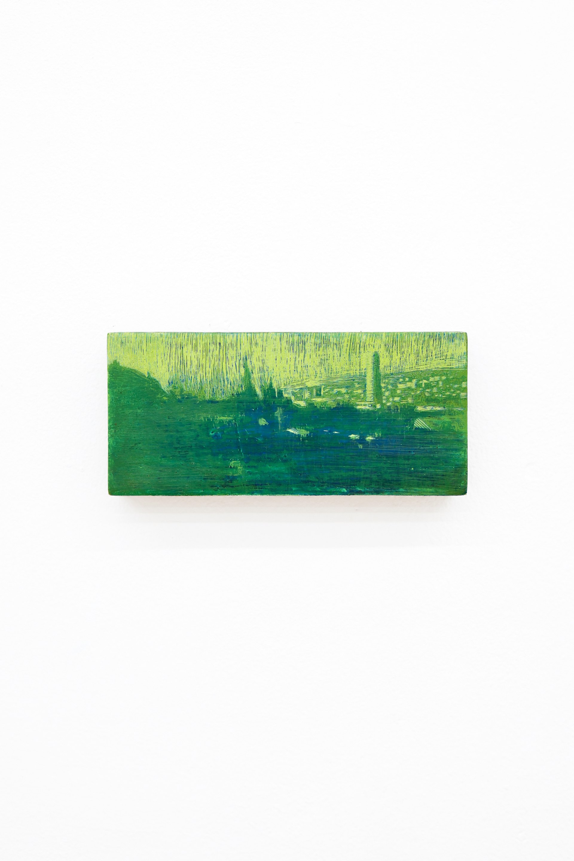 Mtatsminda Turn 11. Vivid green nocturne on an oak block, a chartreuse sky over a green valley with a faint tower and scattered lights.