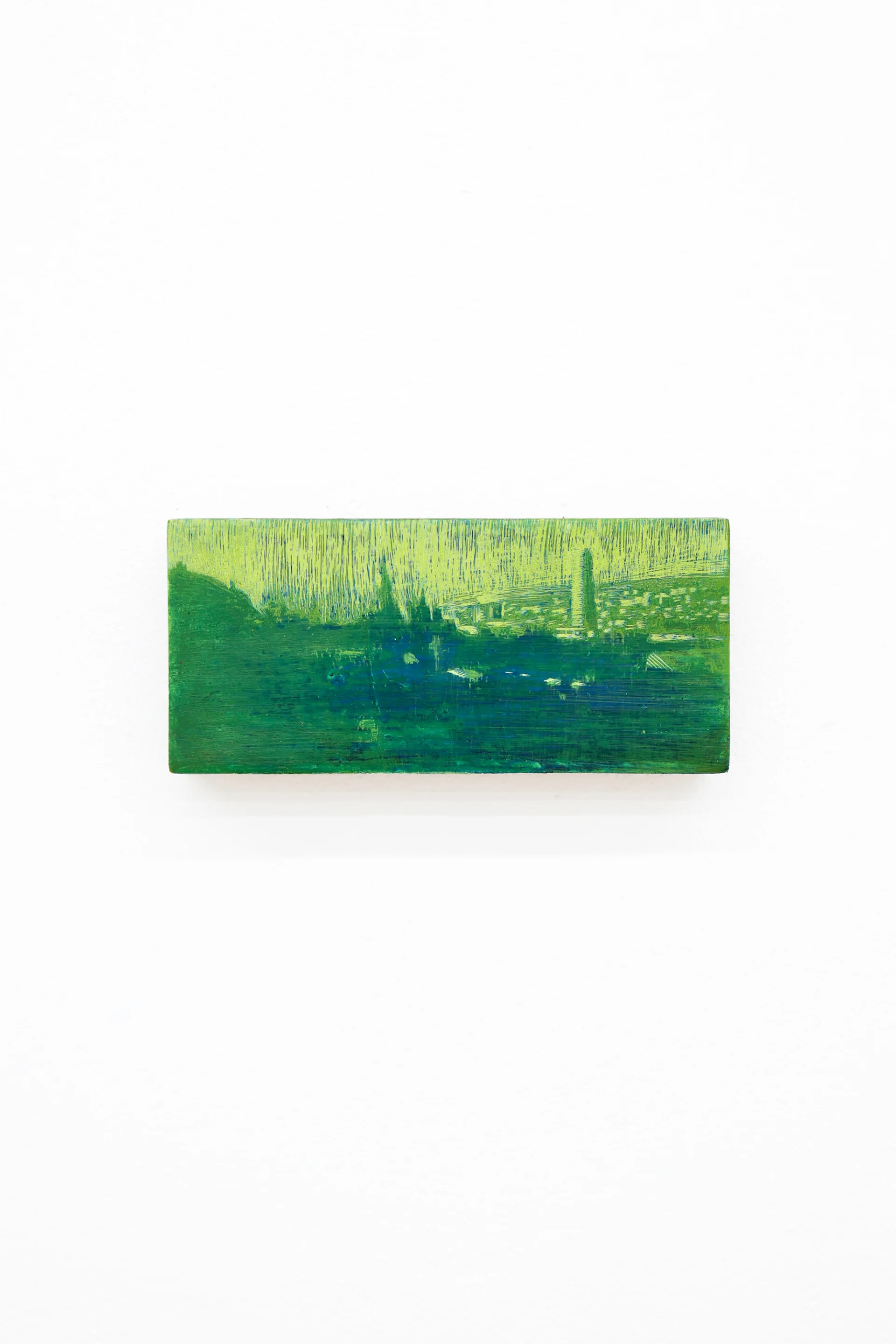 Mtatsminda Turn 11. Vivid green nocturne on an oak block, a chartreuse sky over a green valley with a faint tower and scattered lights.