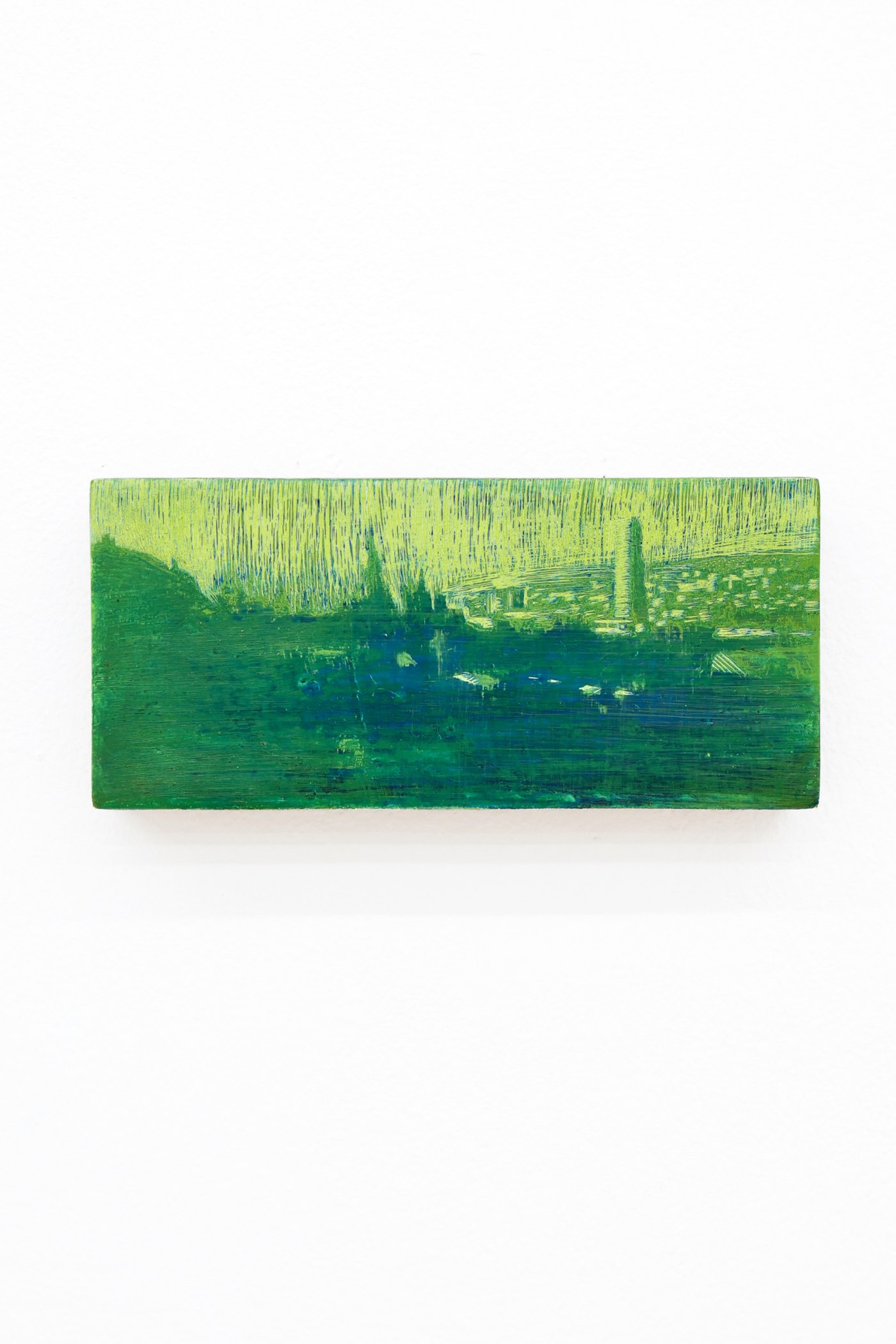 Mtatsminda Turn 11. Small horizontal painting on an oak block, a hazy hillside town in lime green and deep blue-green.