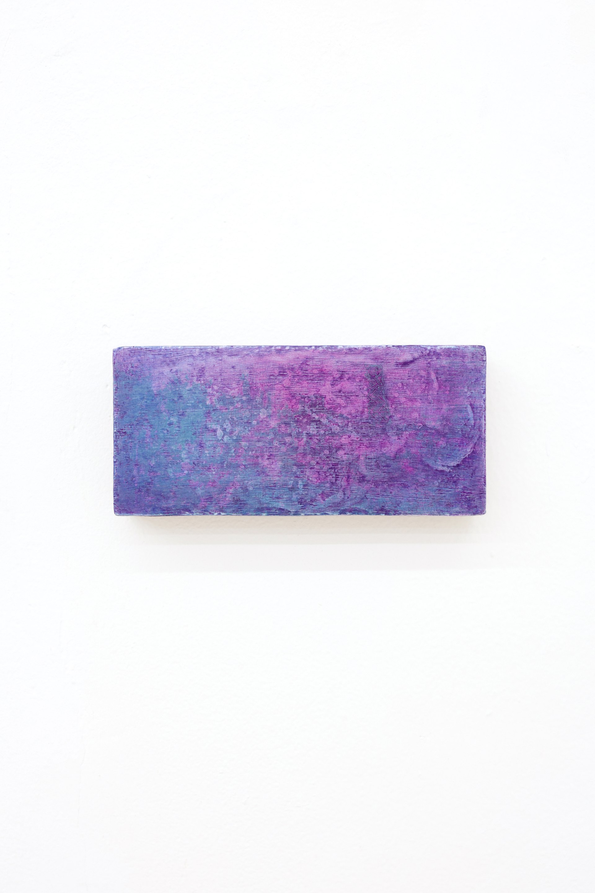 Mtatsminda Turn 13. Abstract nocturne on an oak block, mottled violet, magenta and lavender-blue dissolving into soft haze.