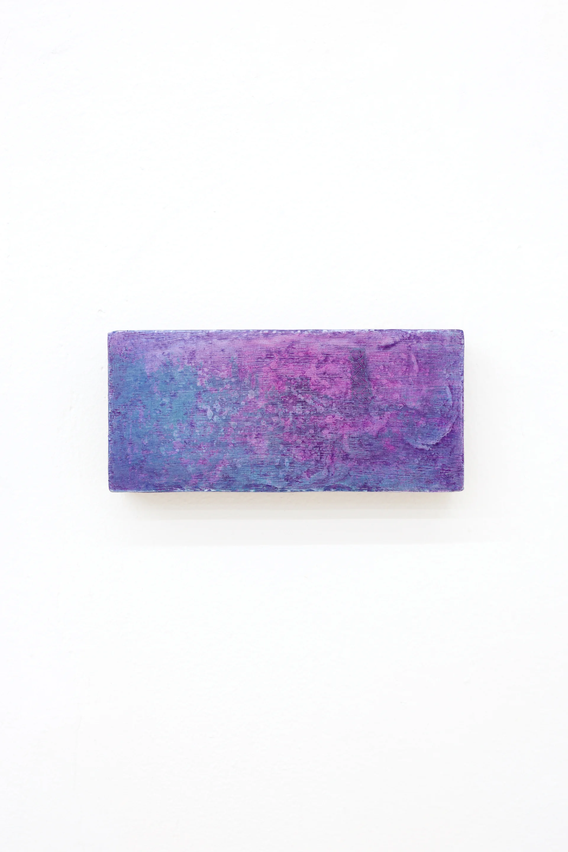 Mtatsminda Turn 13. Abstract nocturne on an oak block, mottled violet, magenta and lavender-blue dissolving into soft haze.