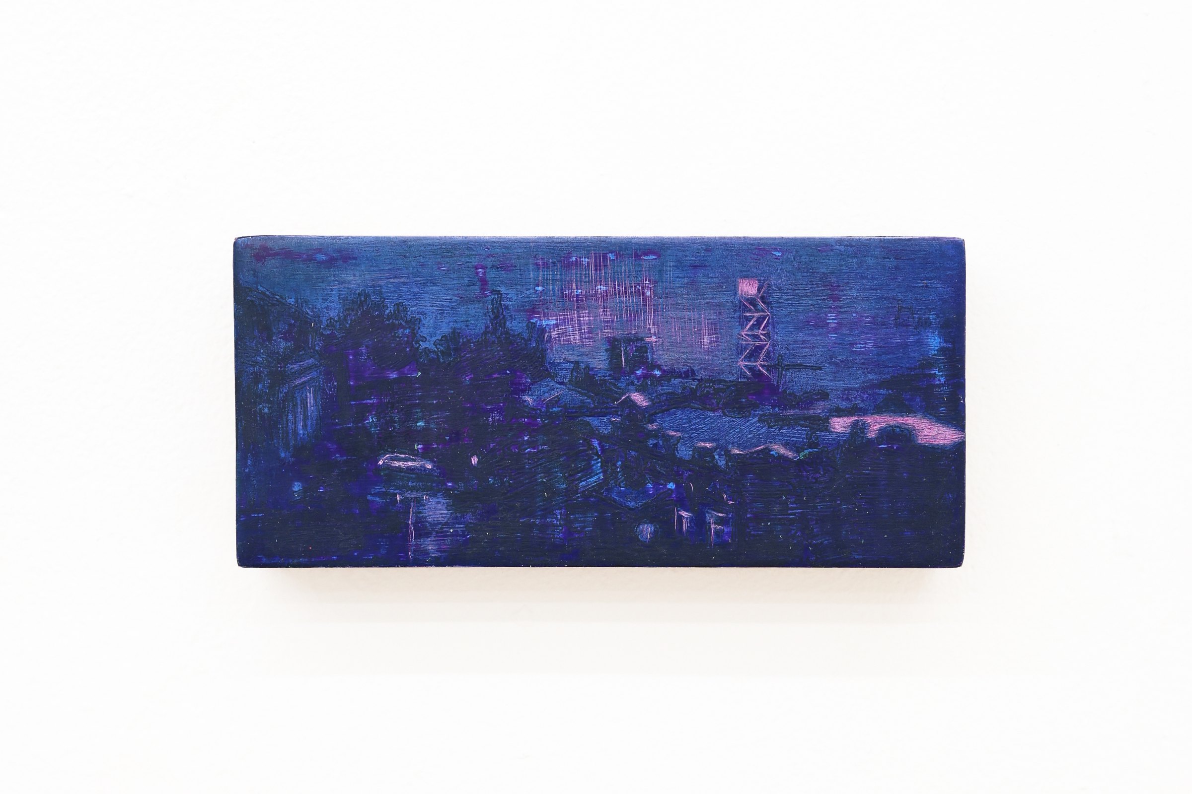 Mtatsminda Turn 14. Closer view of the painting, its indigo and violet brushwork with pink highlights.