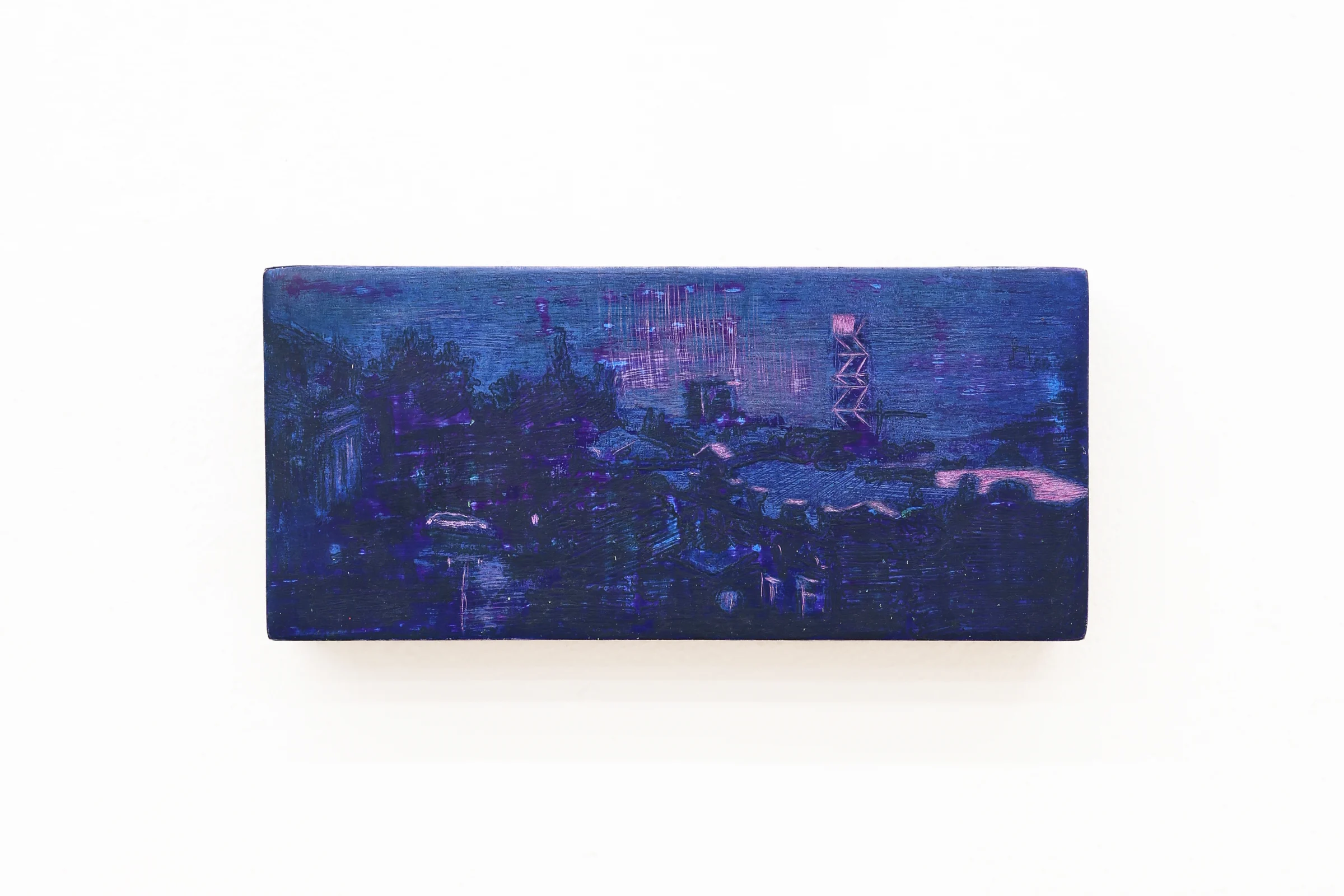 Mtatsminda Turn 14. Closer view of the painting, its indigo and violet brushwork with pink highlights.
