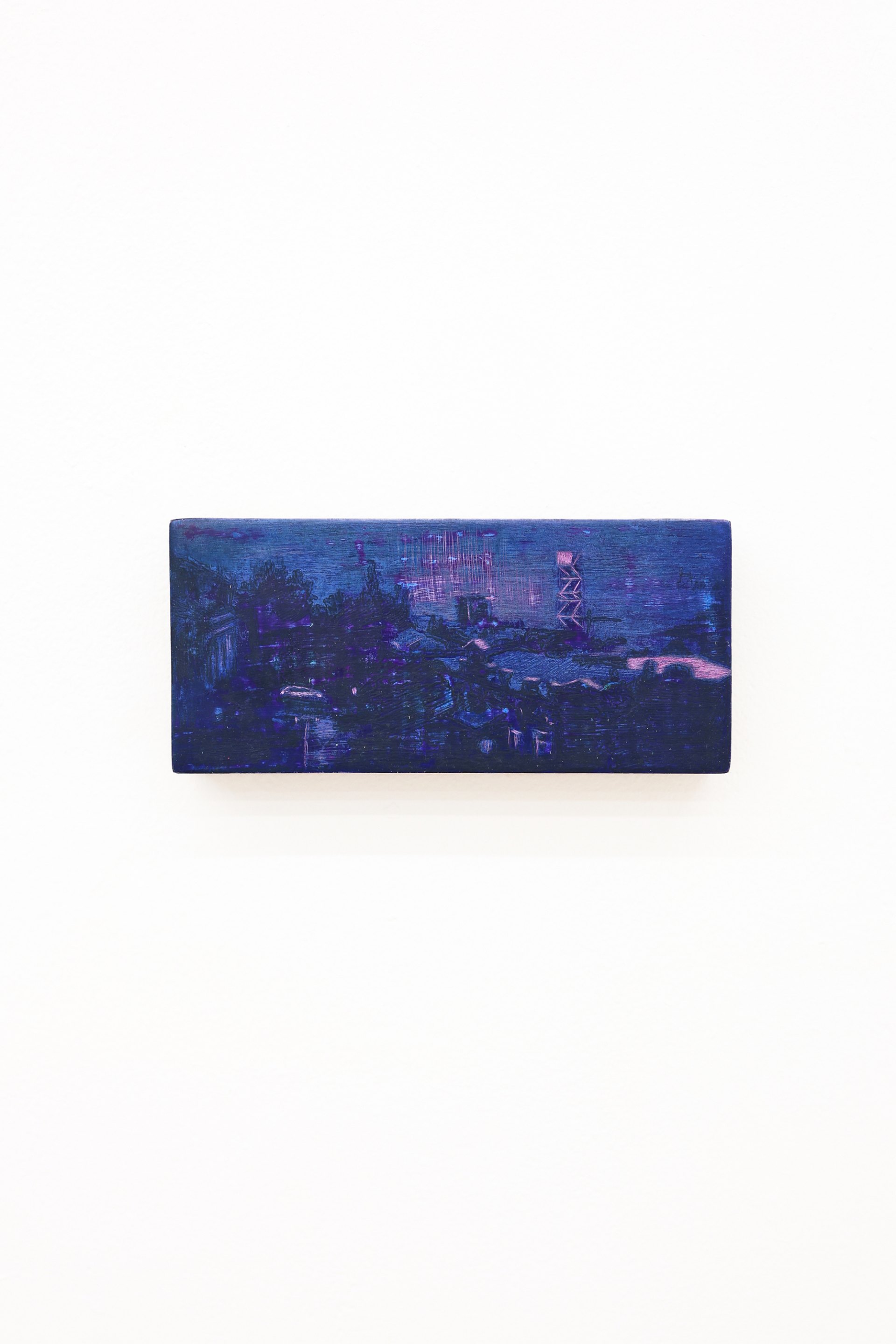 Mtatsminda Turn 14. Midnight-blue and violet nocturne on an oak block, a dark cityscape with a lattice tower and a soft pink city glow.