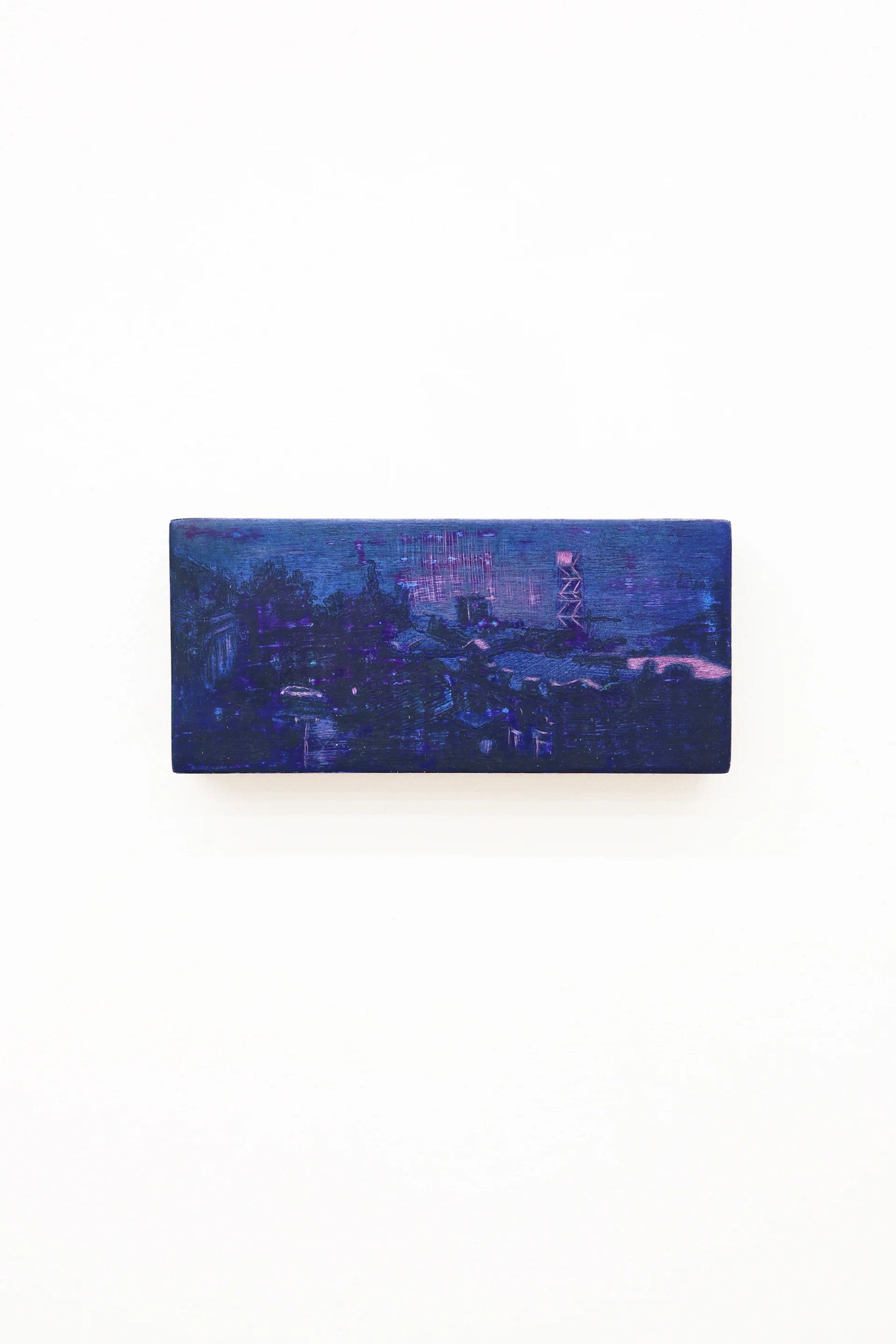 Mtatsminda Turn 14. Midnight-blue and violet nocturne on an oak block, a dark cityscape with a lattice tower and a soft pink city glow.
