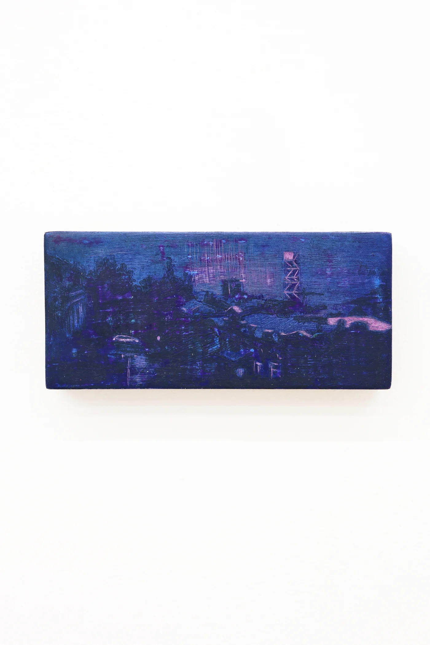 Mtatsminda Turn 14. Small horizontal night painting on an oak block, a midnight-blue cityscape with a lattice tower.
