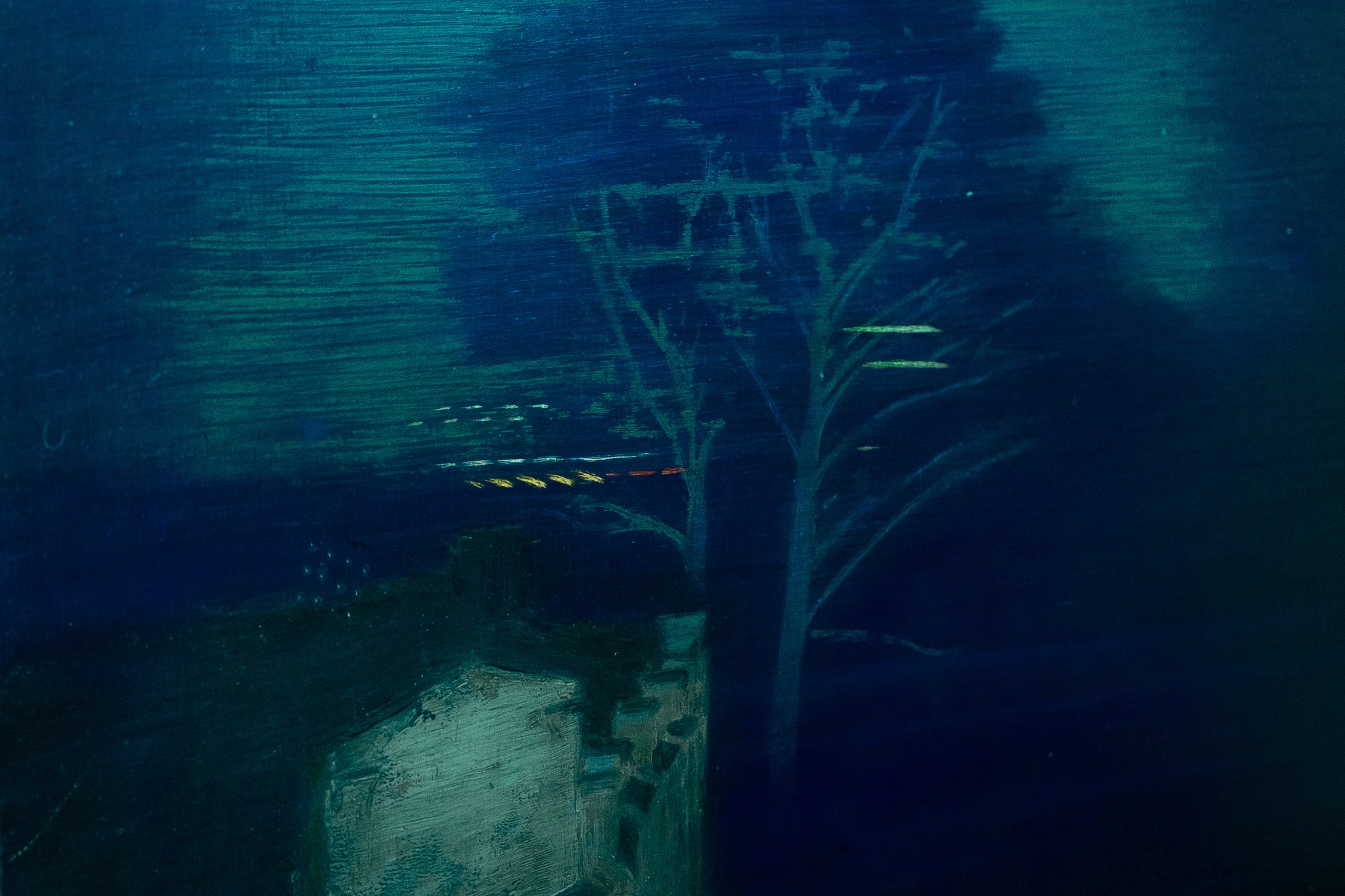 Mtatsminda Turn 15. Closer view of the painting, the silhouetted tree and glowing teal night.
