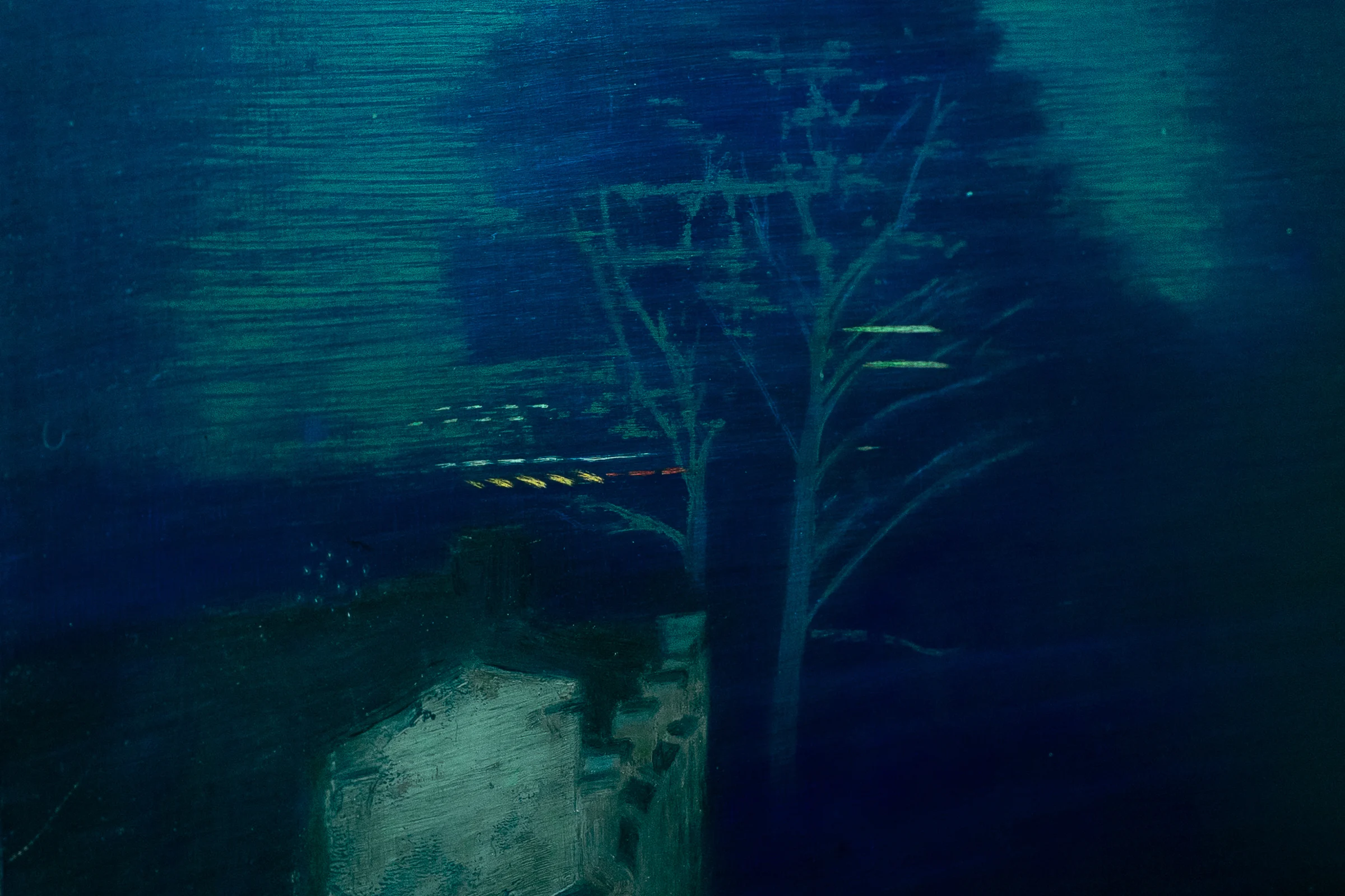 Mtatsminda Turn 15. Closer view of the painting, the silhouetted tree and glowing teal night.