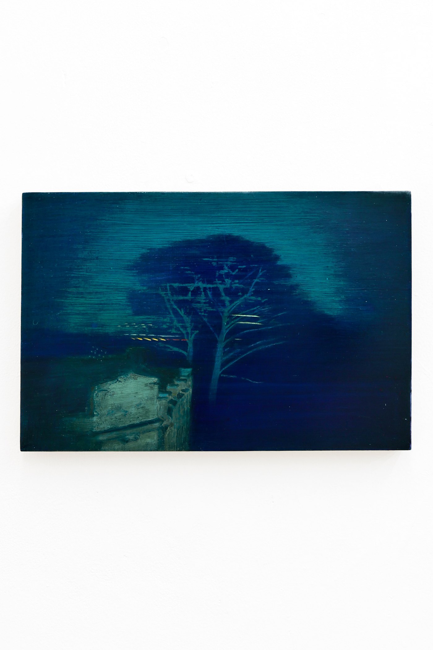 Mtatsminda Turn 15. Small horizontal night painting on an oak block, a bare tree against a glowing teal sky.