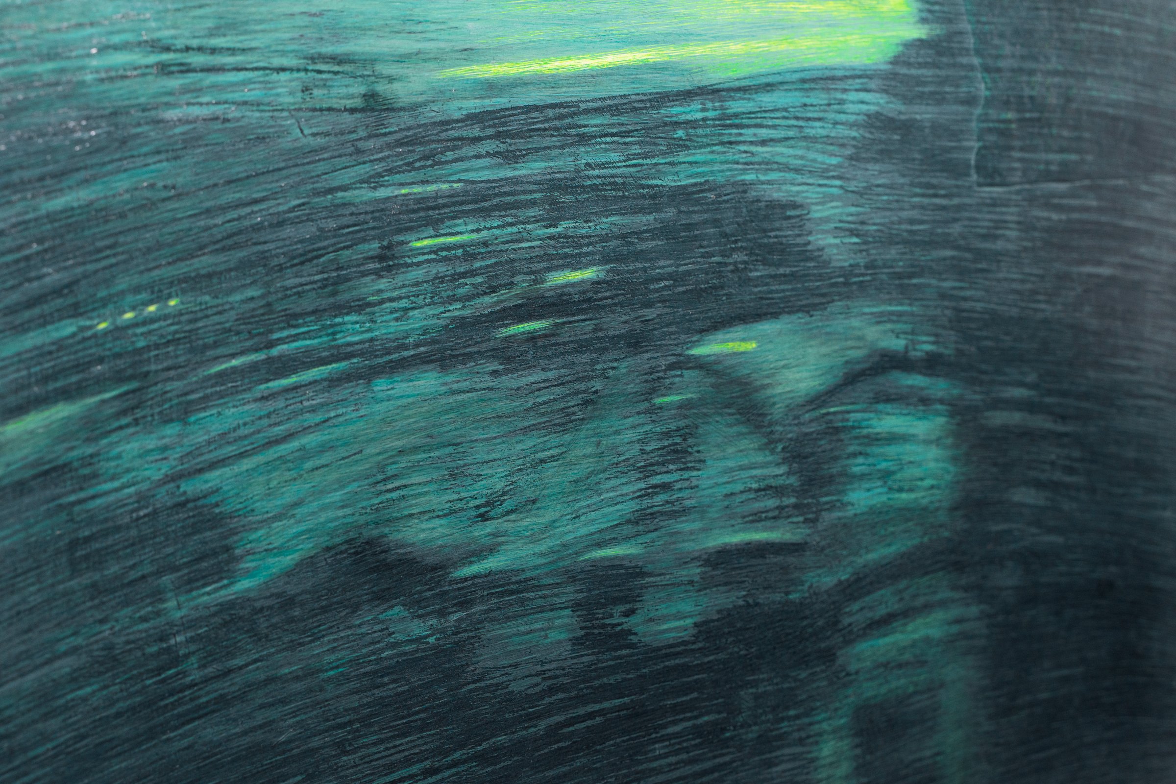 Mtatsminda Turn 16. Closer view of the painting, its layered teal and green brushwork.