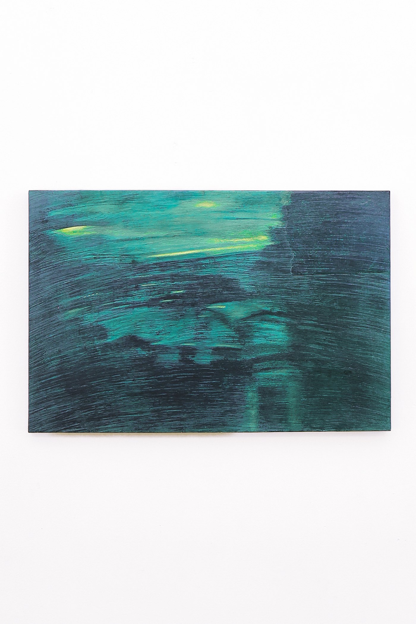 Mtatsminda Turn 16. Small horizontal painting on an oak block, an abstract field of dark teal and emerald green.