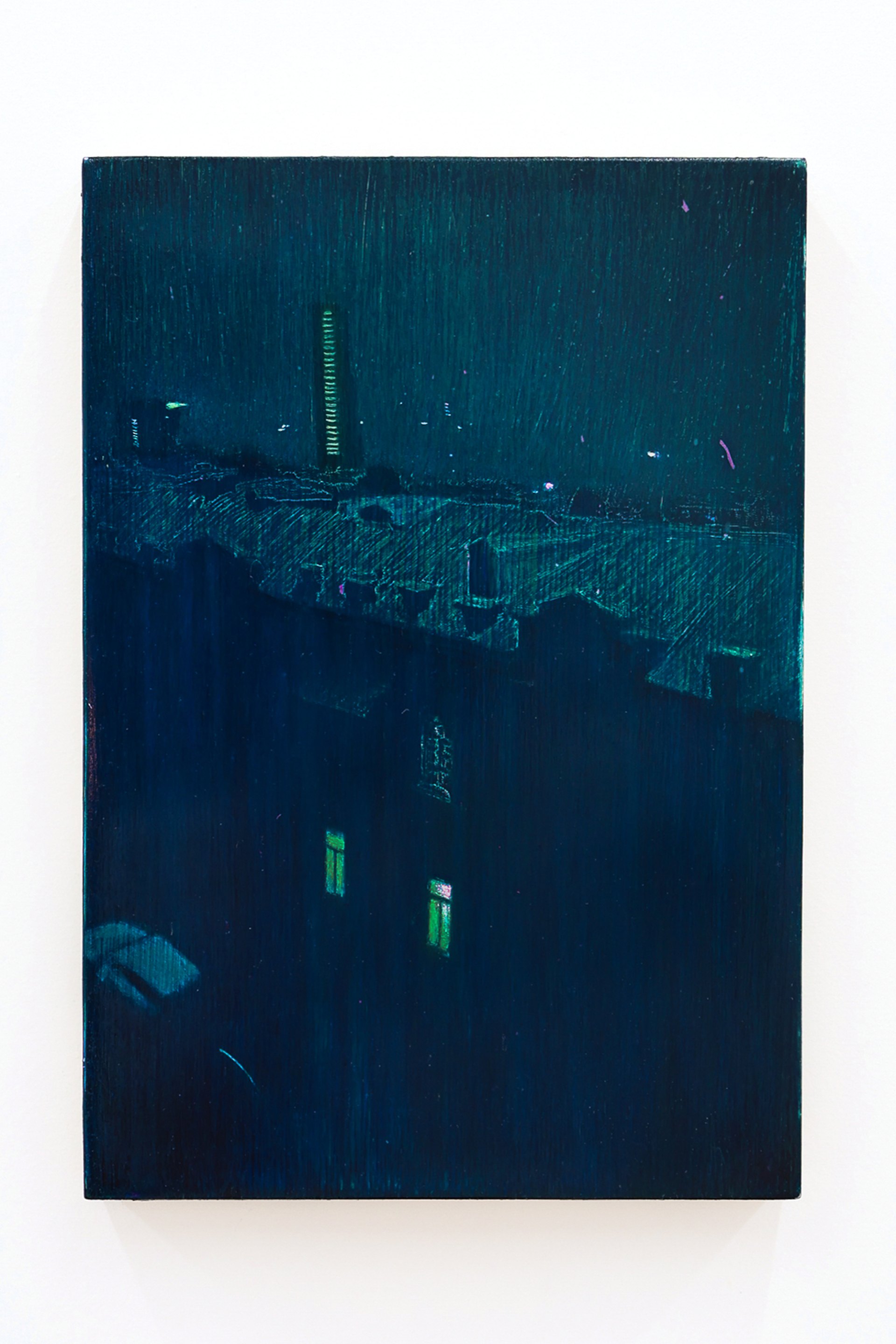 Mtatsminda Turn 2. Closer view of the painting, the lit tower and blue-green rooftops at night.