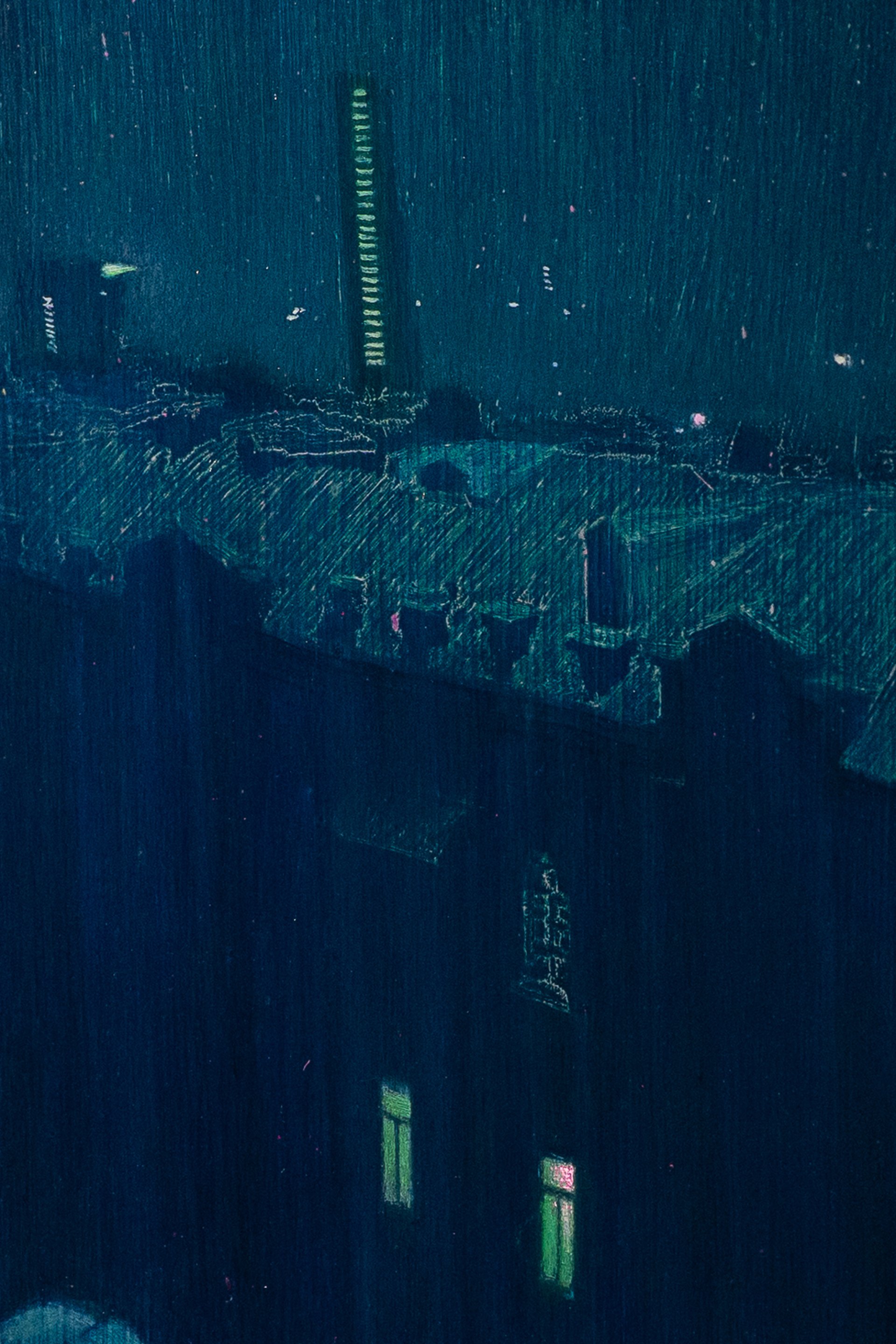 Mtatsminda Turn 2. Detail of the painting, its blue-green night textures and small green window lights.