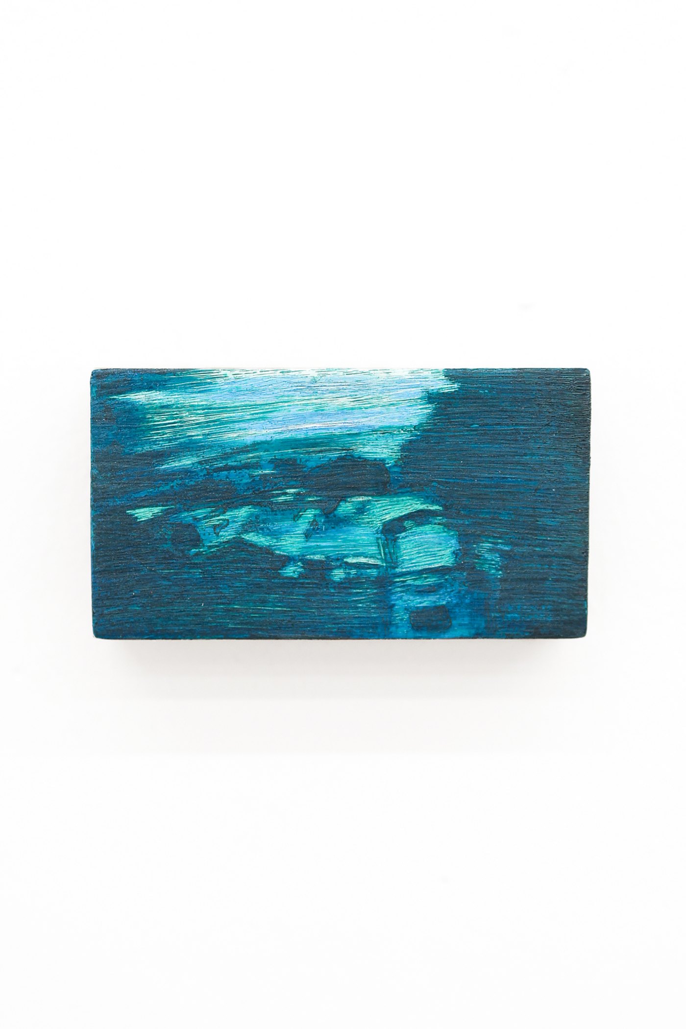 Mtatsminda Turn 3. Small horizontal night painting on an oak block, deep teal and navy with a bright turquoise band.