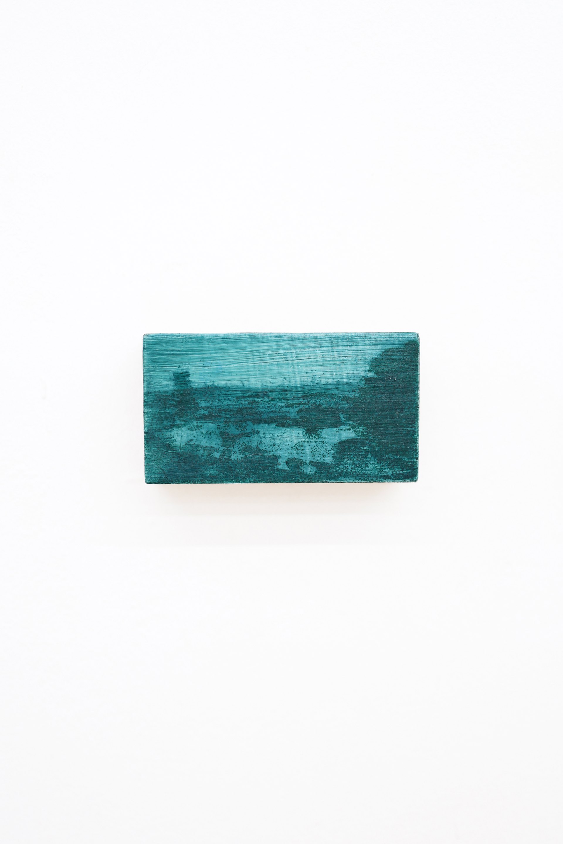Mtatsminda Turn 4. Abstract teal-green nocturne on an oak block, lighter teal above a mottled dark-green horizon.