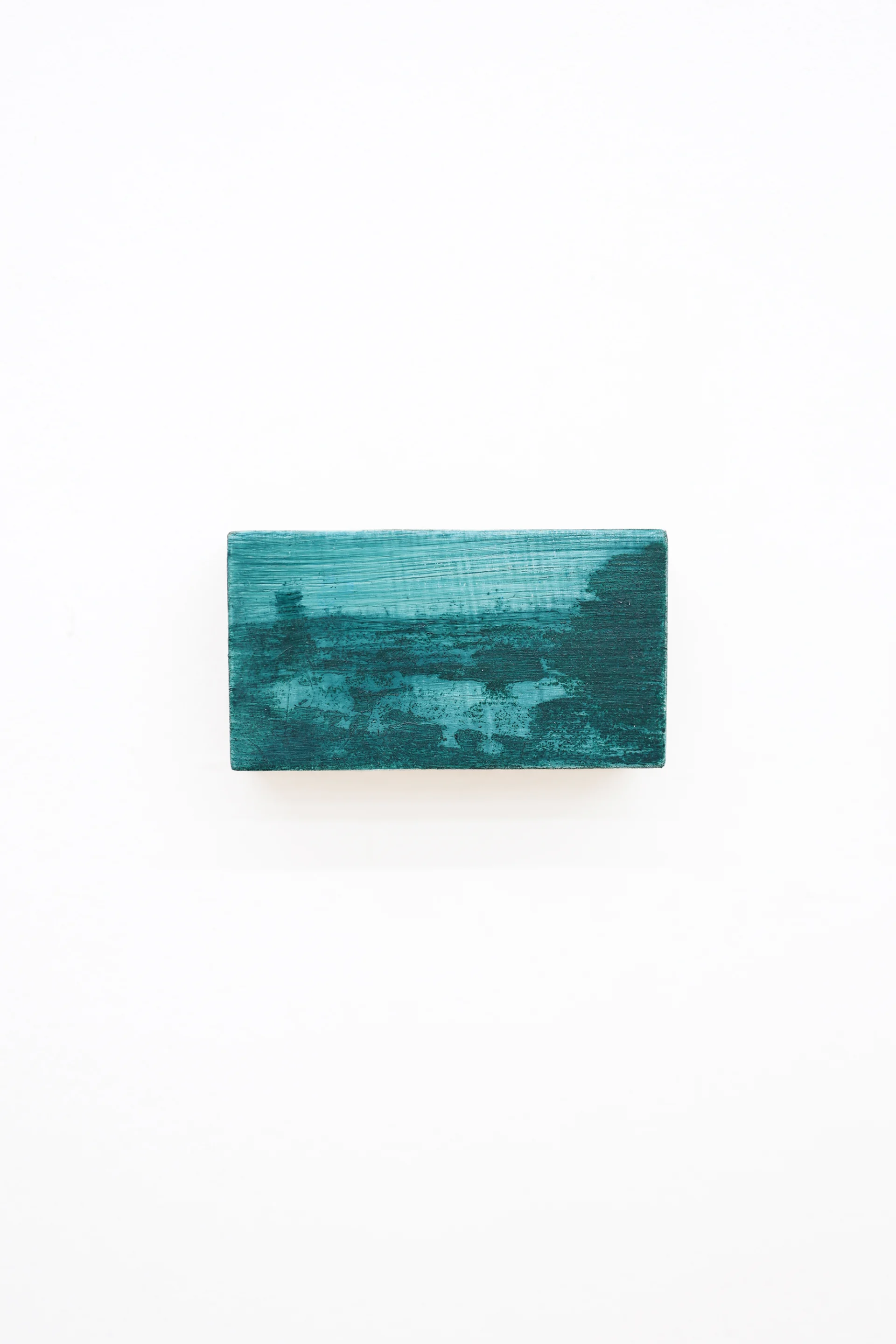 Mtatsminda Turn 4. Abstract teal-green nocturne on an oak block, lighter teal above a mottled dark-green horizon.