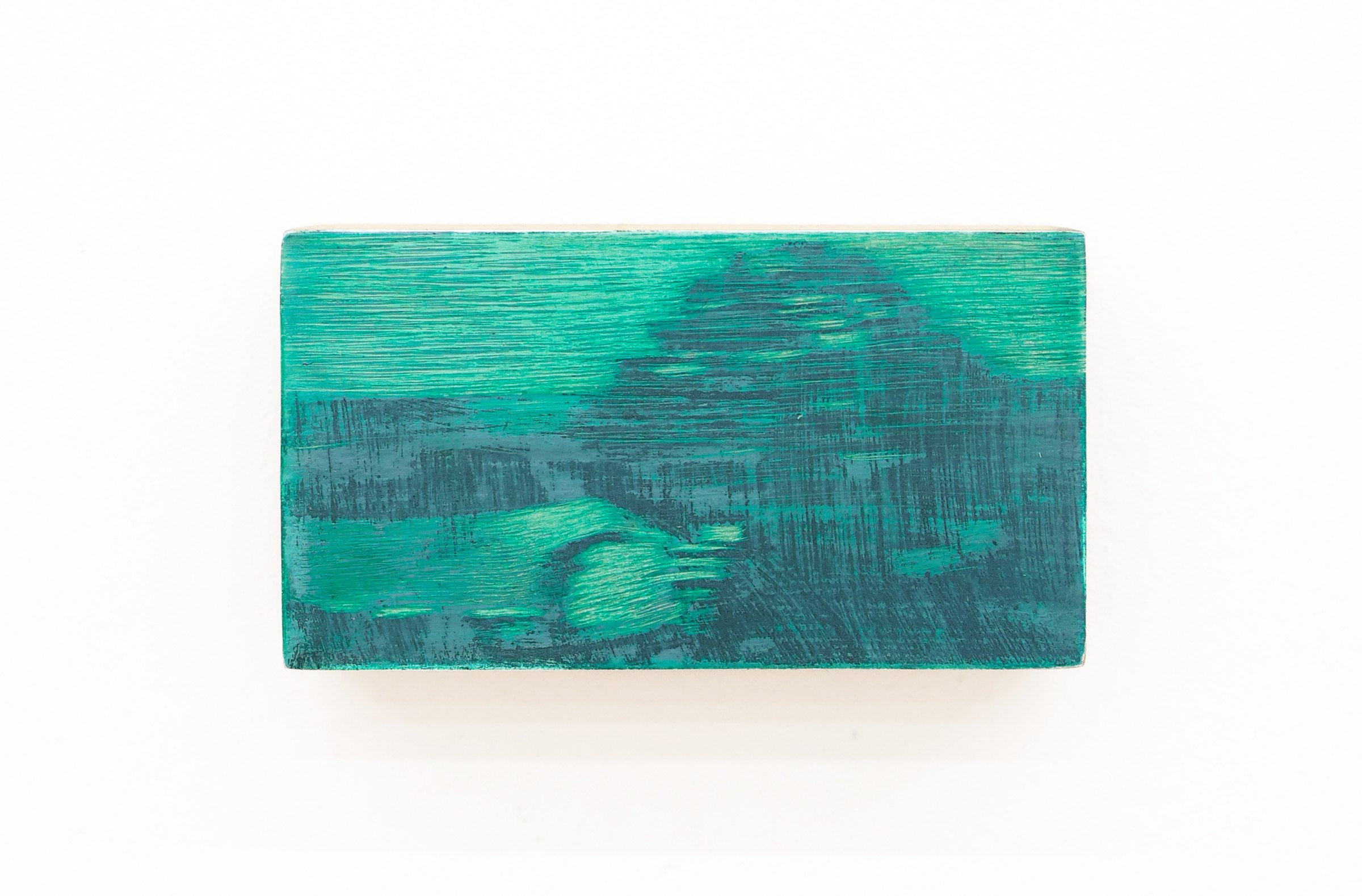 Mtatsminda Turn 5. Closer view of the painting, its emerald and dark-green brushwork over the wood grain.