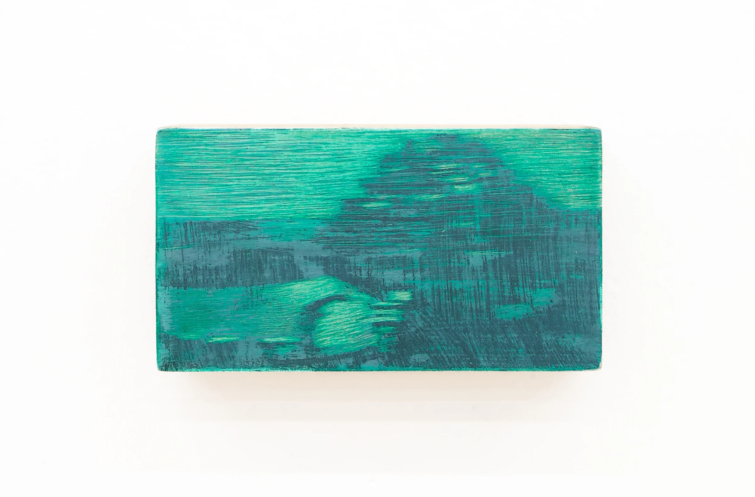 Mtatsminda Turn 5. Closer view of the painting, its emerald and dark-green brushwork over the wood grain.