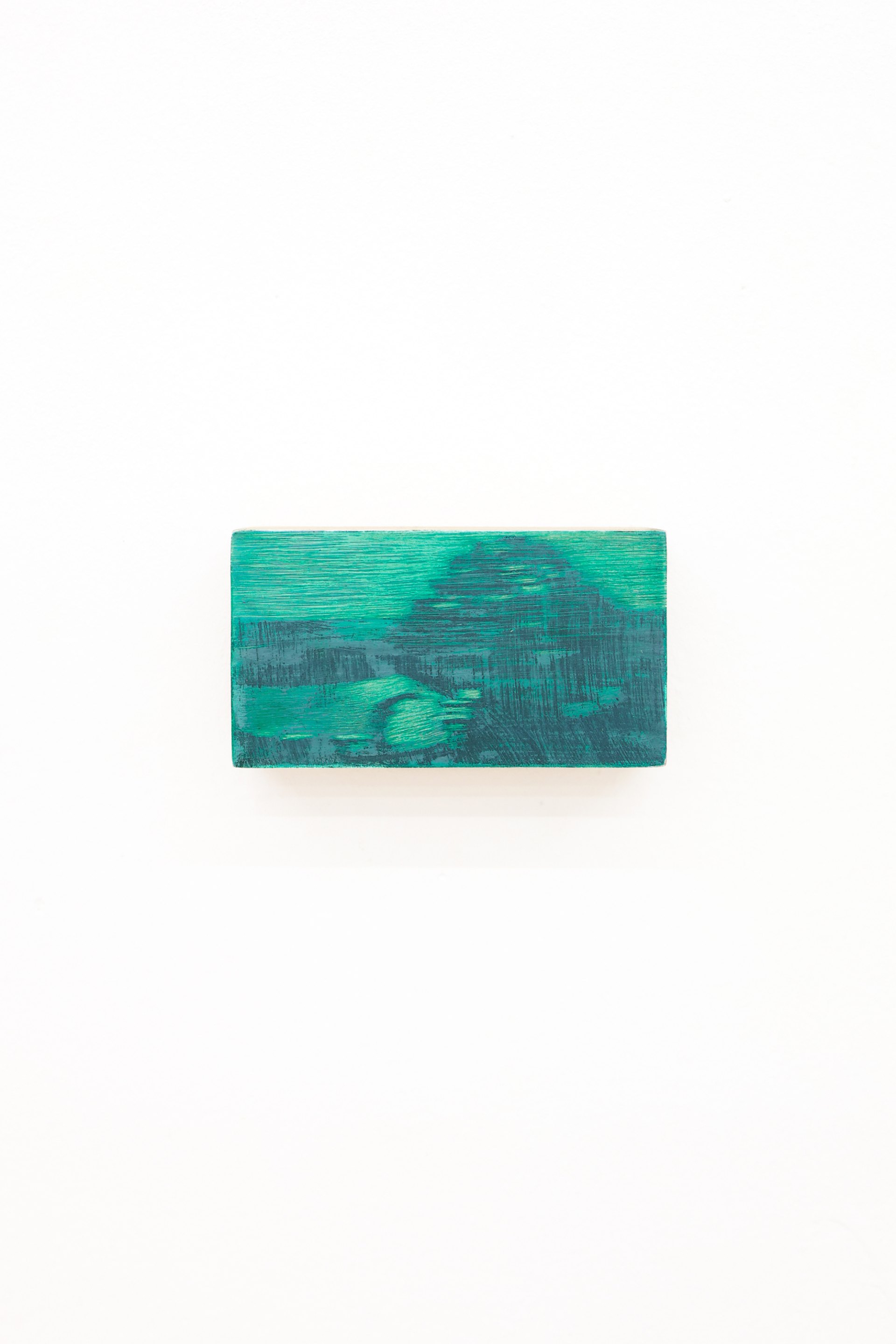 Mtatsminda Turn 5. Abstract green nocturne on an oak block, vivid emerald and dark viridian suggesting a hazy hill.