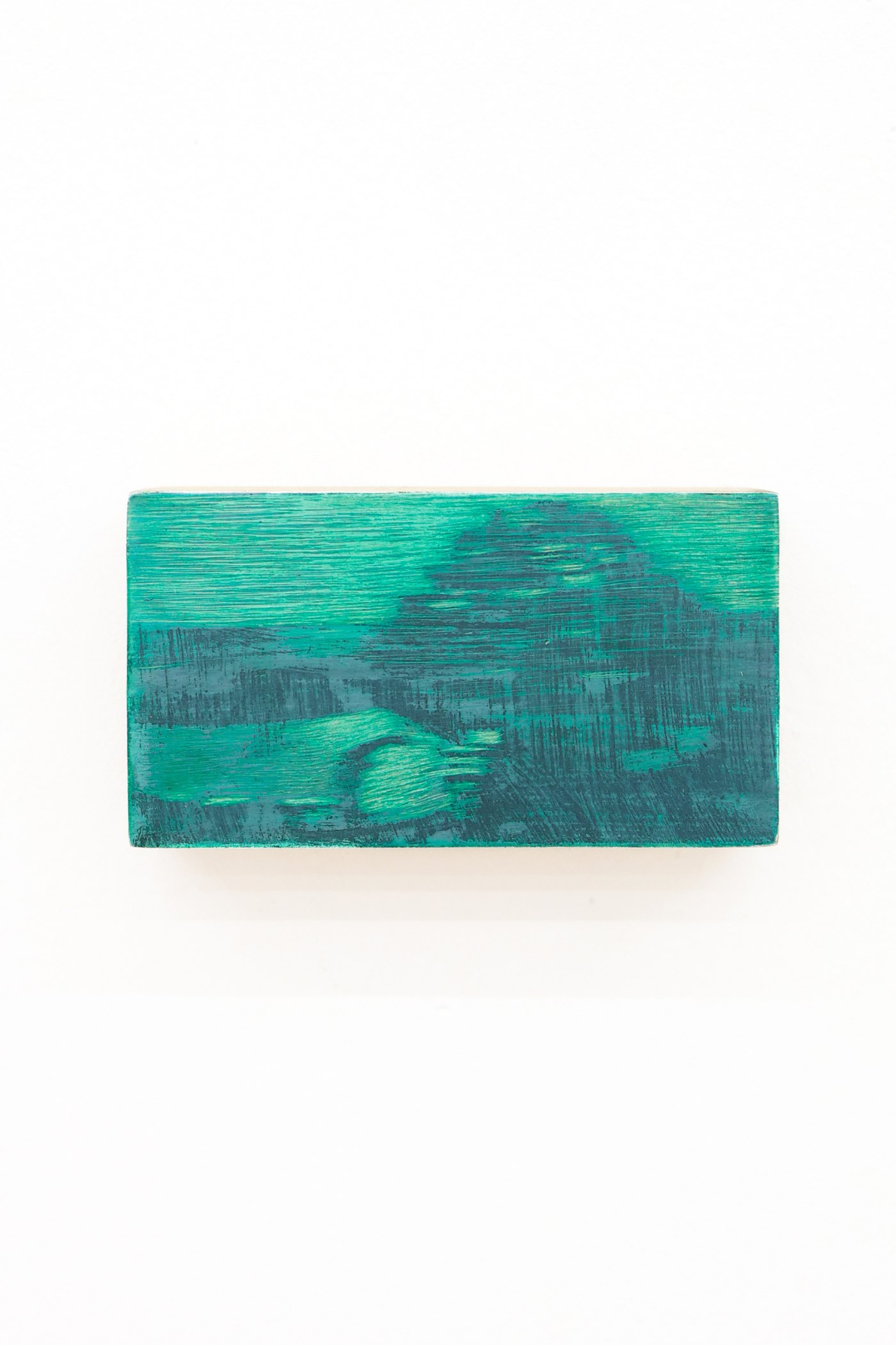 Mtatsminda Turn 5. Small horizontal painting on an oak block, vivid emerald and dark green.