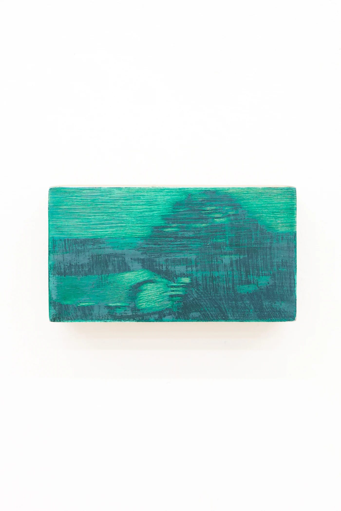 Mtatsminda Turn 5. Small horizontal painting on an oak block, vivid emerald and dark green.