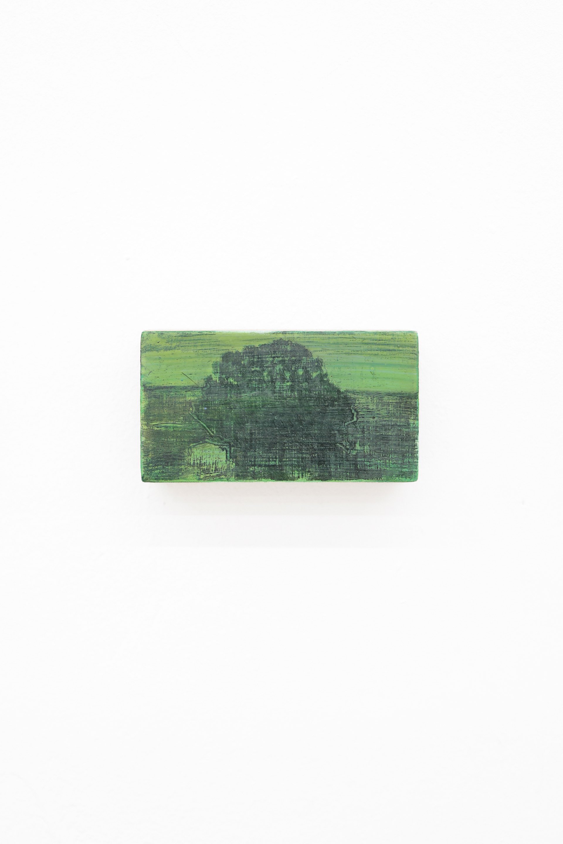 Mtatsminda Turn 6. Green nocturne on an oak block, a dark central mass like a tree set against a lime-green ground.