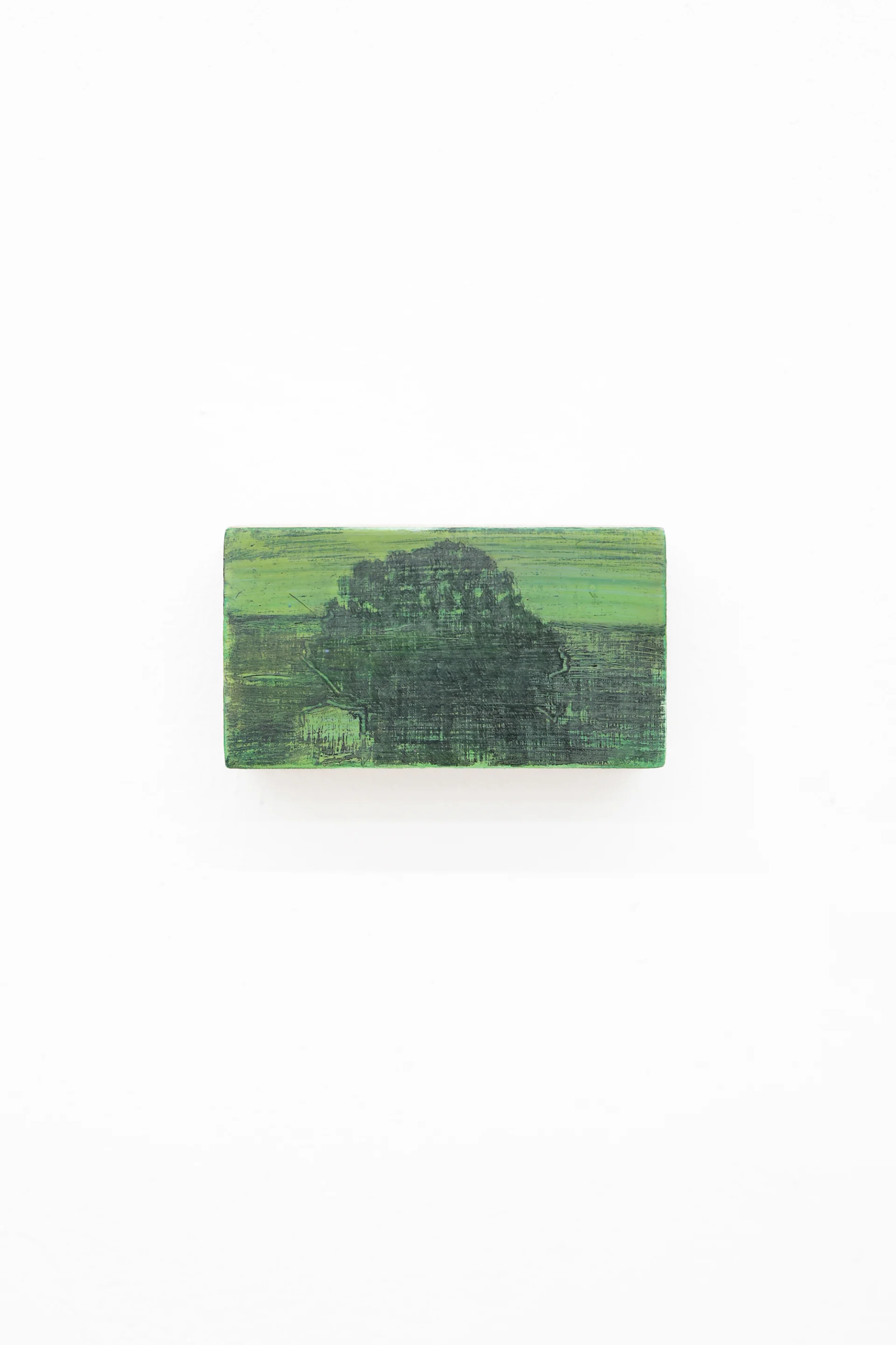 Mtatsminda Turn 6. Green nocturne on an oak block, a dark central mass like a tree set against a lime-green ground.