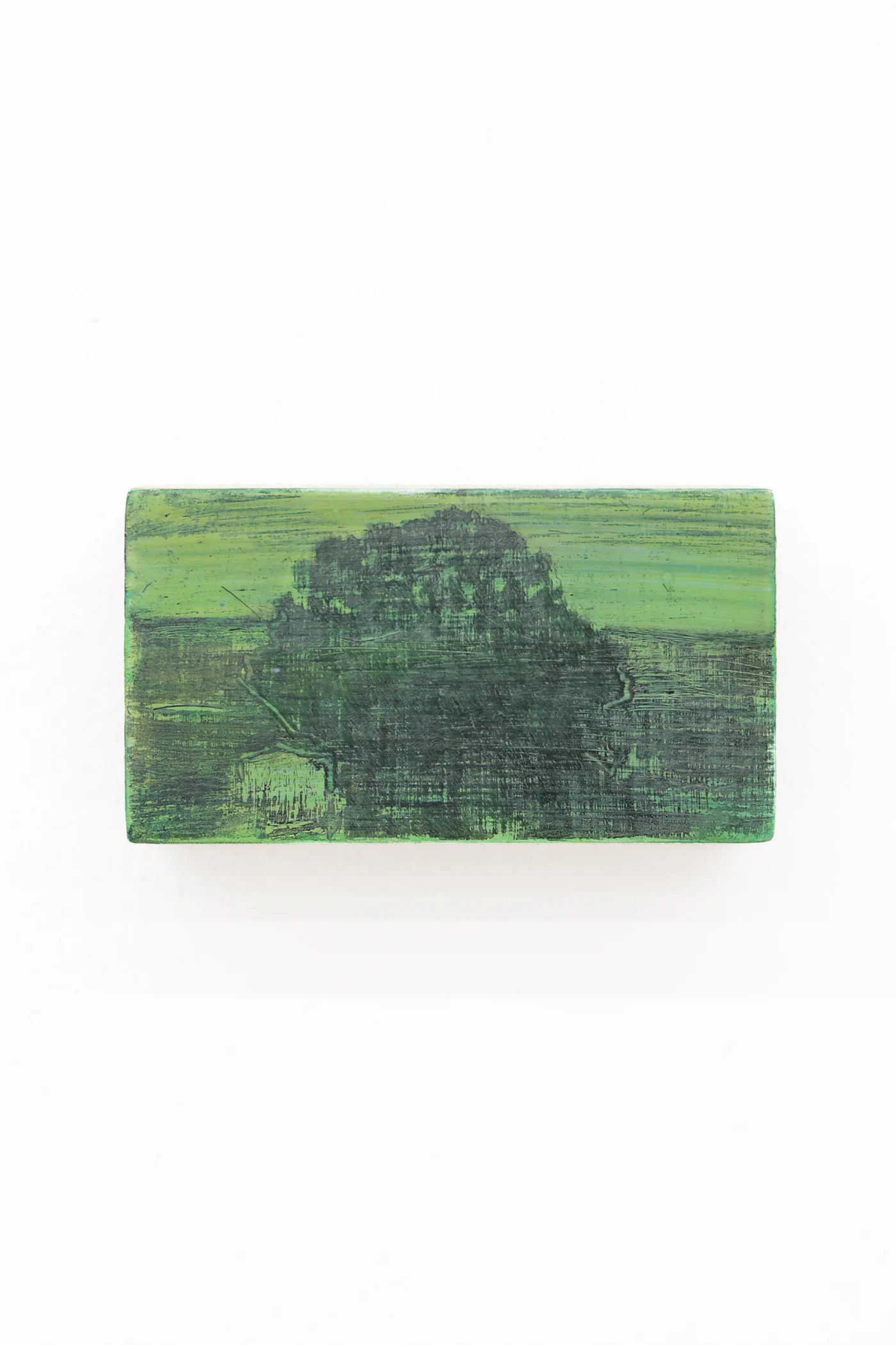 Mtatsminda Turn 6. Small horizontal painting on an oak block, a dark tree-like mass against a green field.