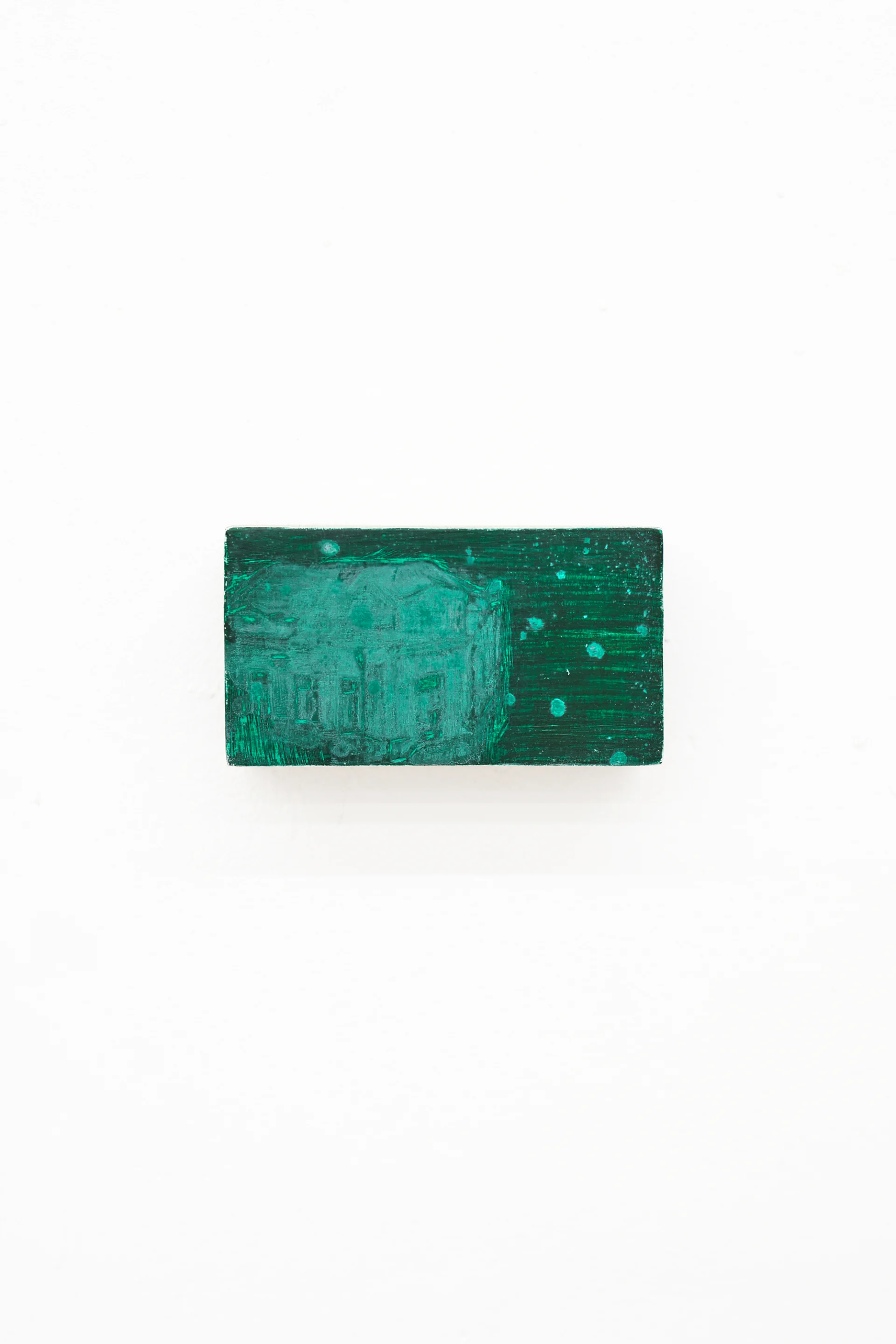 Mtatsminda Turn 7. Emerald-green nocturne on an oak block, a pale house with lit windows beside a dark-green sky flecked with light.