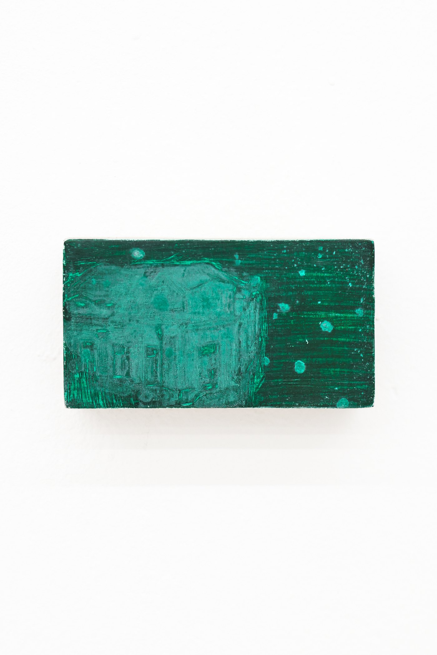 Mtatsminda Turn 7. Small horizontal night painting on an oak block, a pale green building in an emerald night.