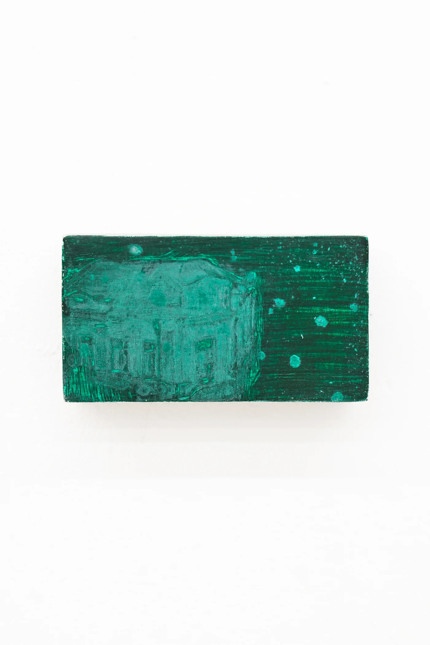 Mtatsminda Turn 7. Small horizontal night painting on an oak block, a pale green building in an emerald night.
