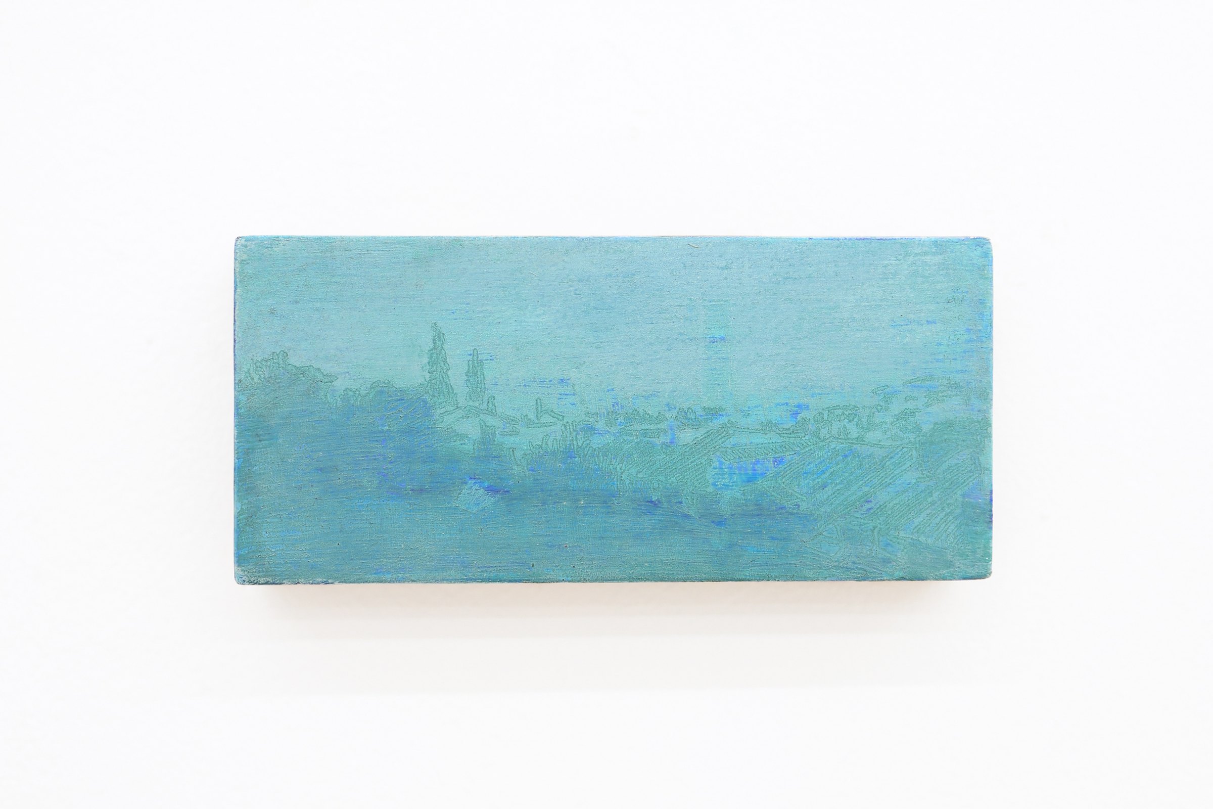 Mtatsminda Turn 8. Closer view of the painting, its pale aqua and blue haze.