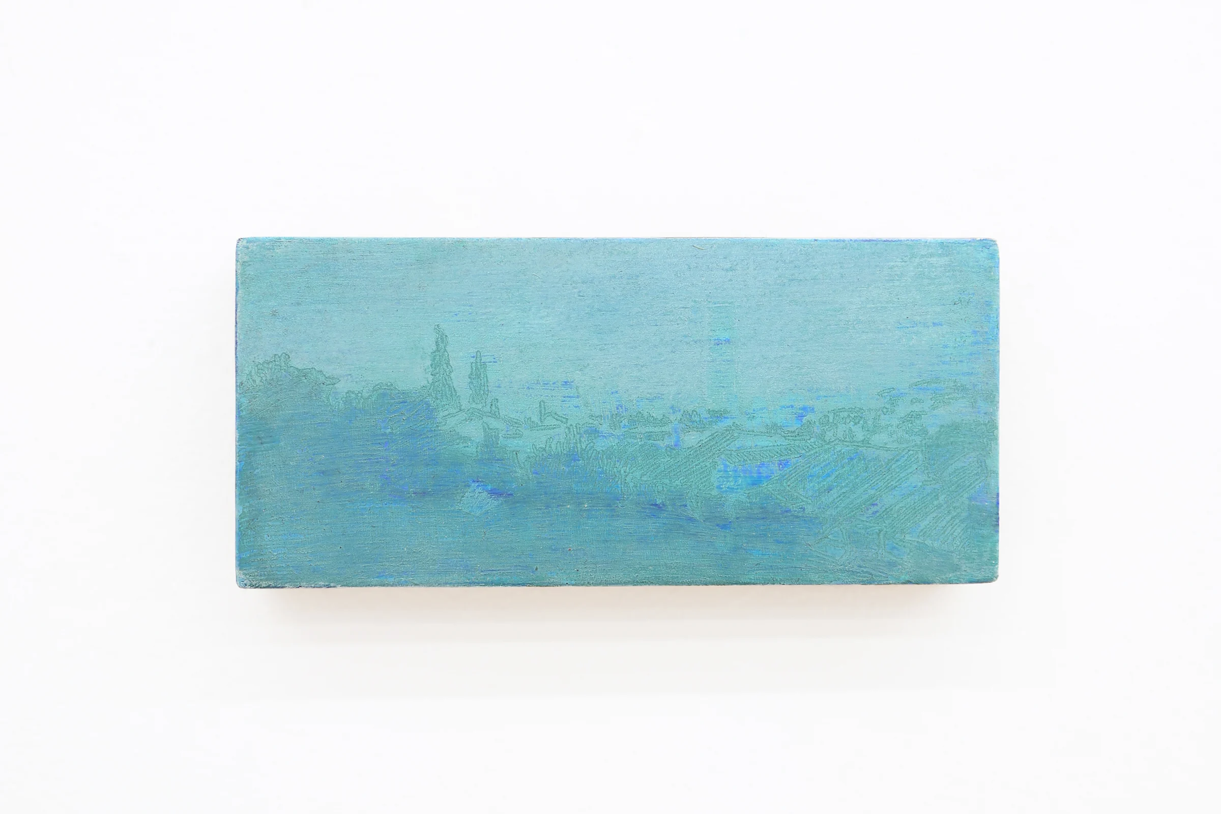 Mtatsminda Turn 8. Closer view of the painting, its pale aqua and blue haze.