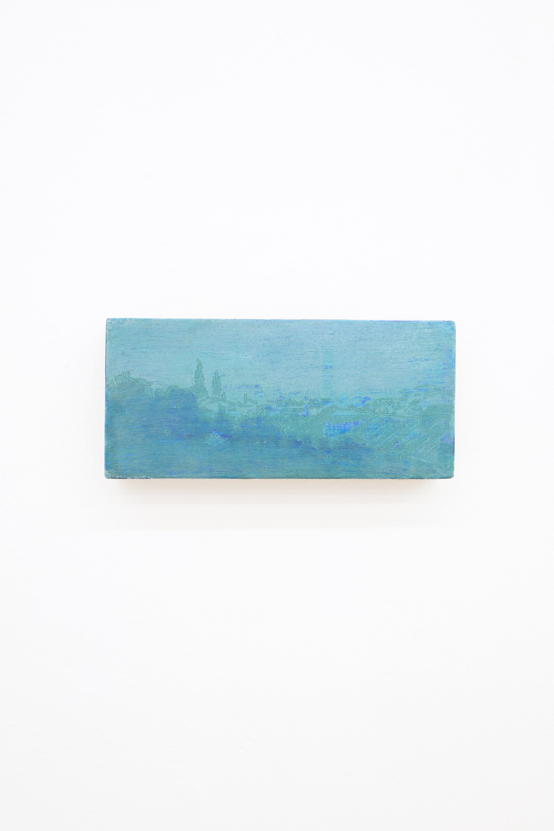 Mtatsminda Turn 8. Soft aqua-blue and teal nocturne on an oak block, a hazy hillside town and cypress trees dissolving into mist.