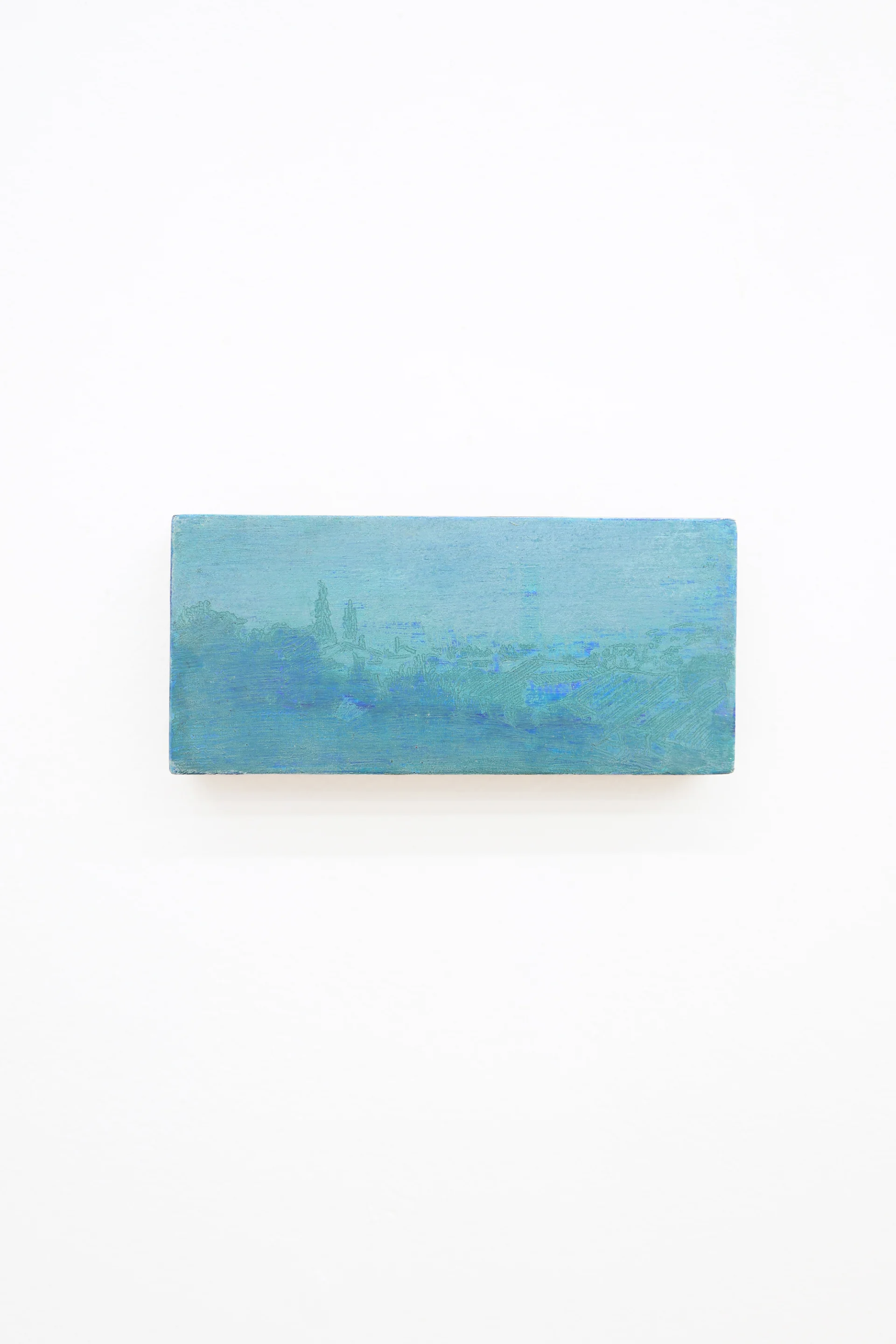 Mtatsminda Turn 8. Soft aqua-blue and teal nocturne on an oak block, a hazy hillside town and cypress trees dissolving into mist.