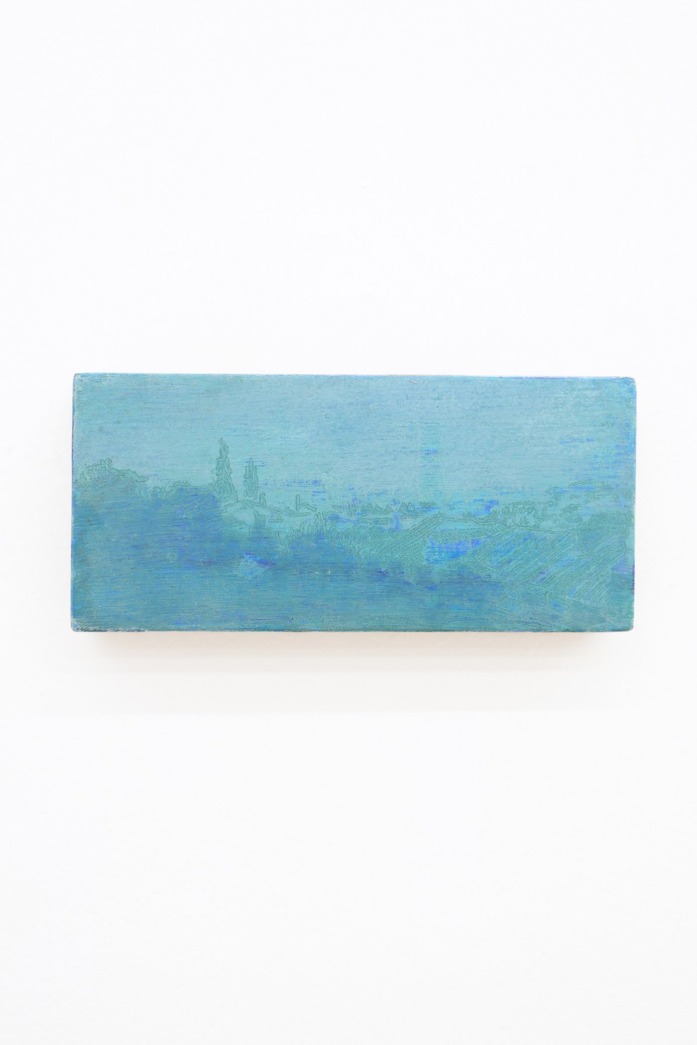 Mtatsminda Turn 8. Small horizontal painting on an oak block, a misty aqua-blue cityscape.