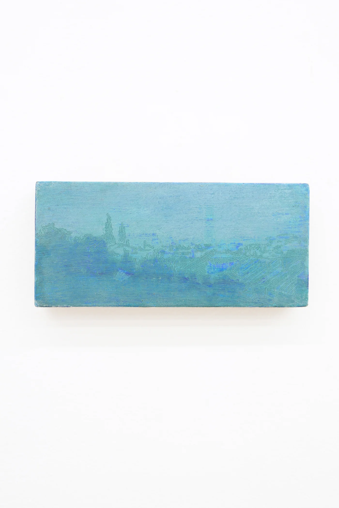 Mtatsminda Turn 8. Small horizontal painting on an oak block, a misty aqua-blue cityscape.