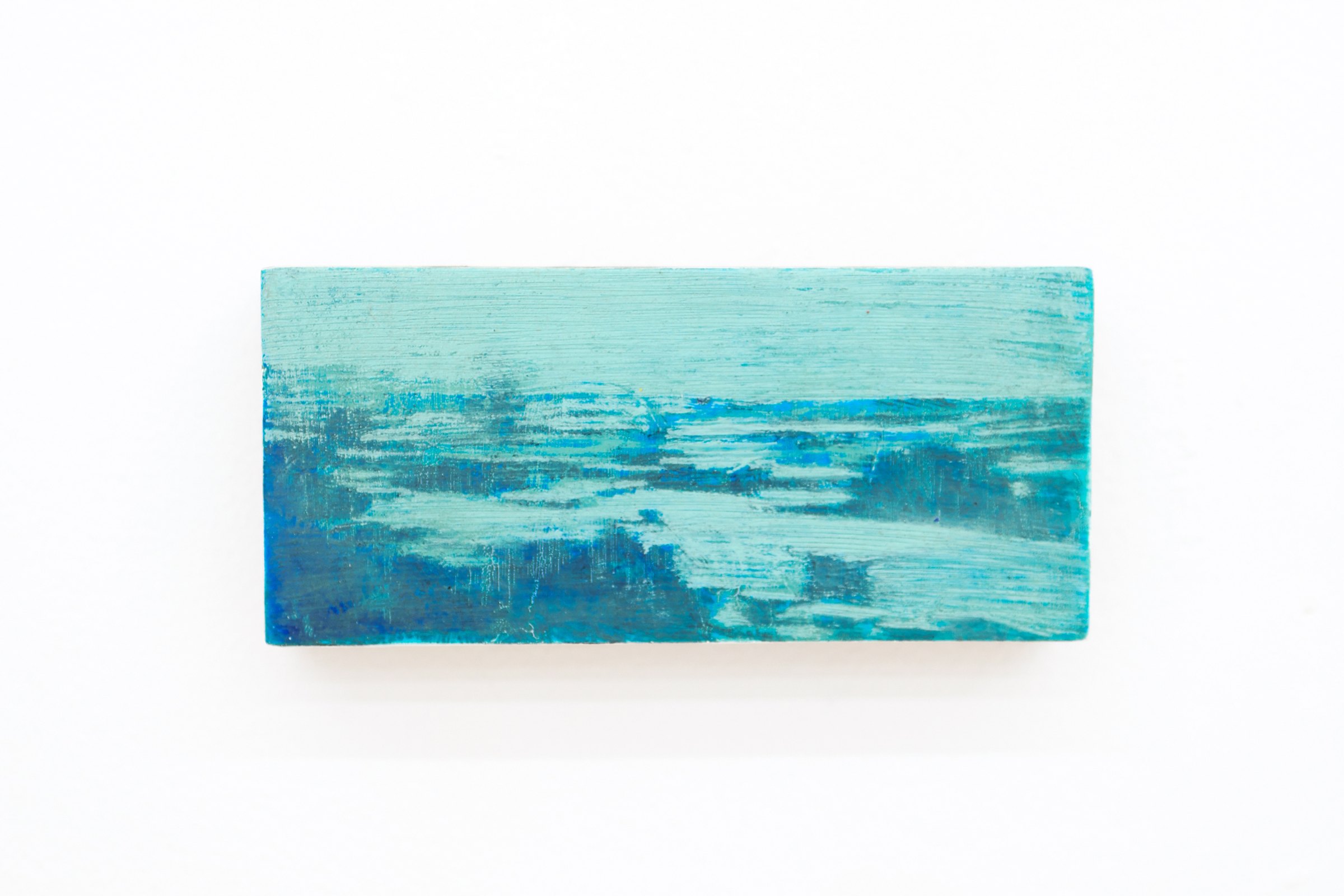 Mtatsminda Turn 9. Closer view of the painting, turquoise and cobalt brushwork beneath a pale, luminous horizon.