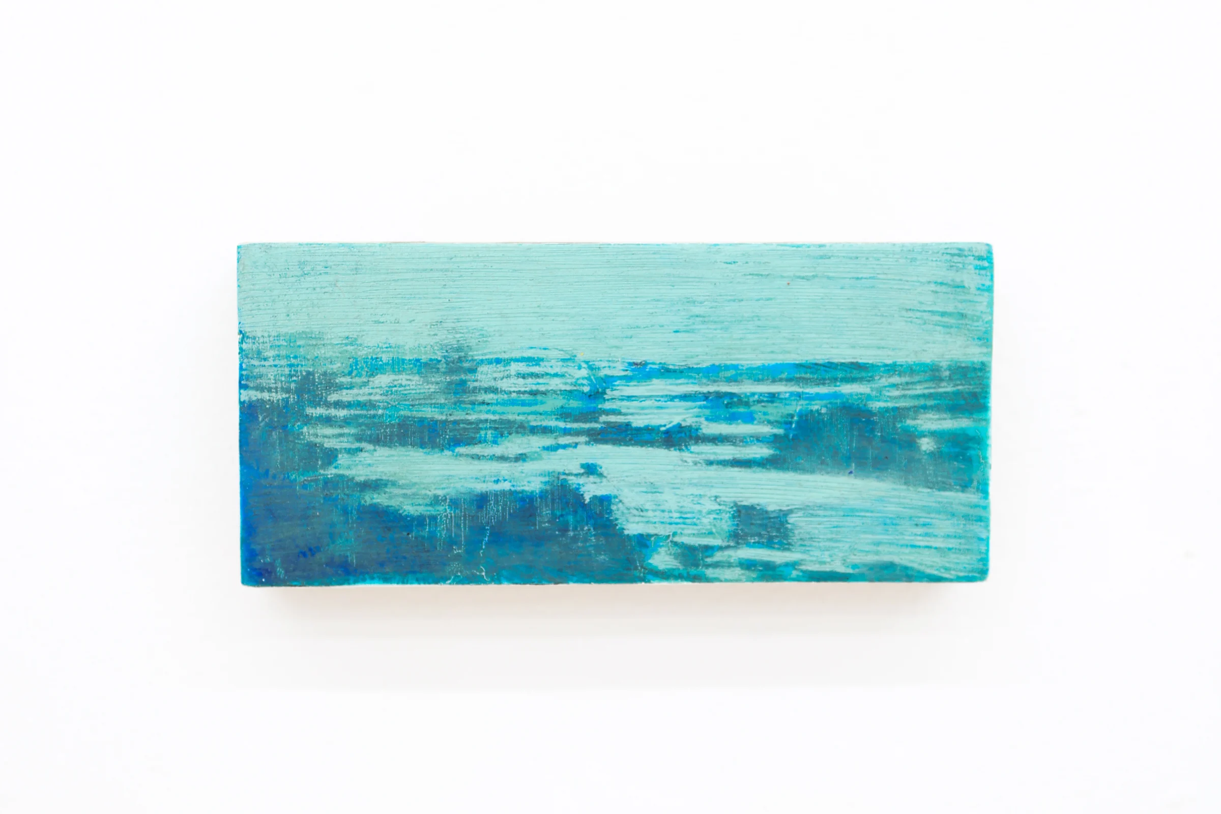 Mtatsminda Turn 9. Closer view of the painting, turquoise and cobalt brushwork beneath a pale, luminous horizon.